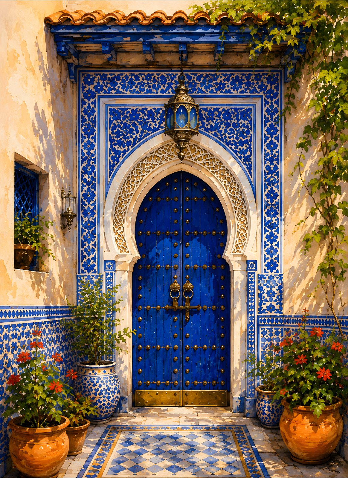 Moroccan Blue Door Poster, Islamic Architecture Print, Chefchaouen Street Photography Poster, Mediterranean Decor, Arabic Arch Poster — Poster