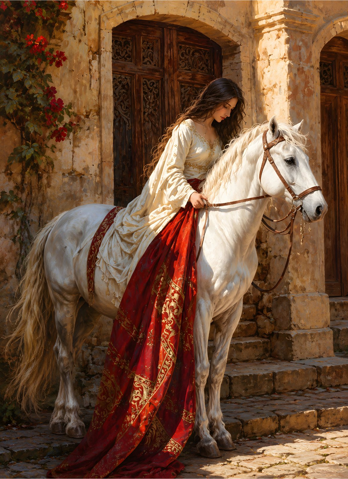 Elegant Woman on White Horse Poster - Romantic Renaissance Style Fine Art Print — Poster