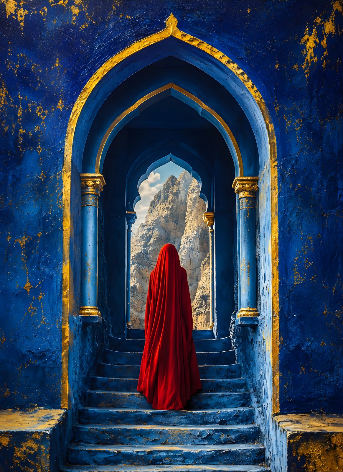 Mysterious Red Draped Figure in Blue Moroccan Archway Poster – Surreal Desert Mountain Architecture Poster — Poster