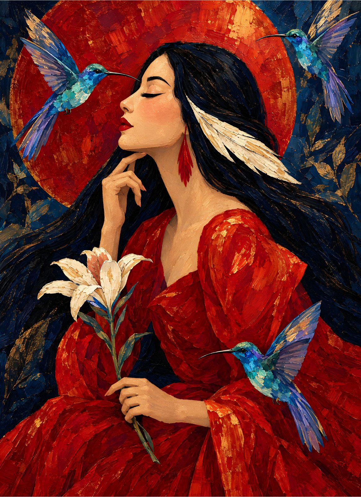 Impasto Woman in Red Dress Poster - Mythical Goddess Poster with Hummingbirds & Lily — Poster