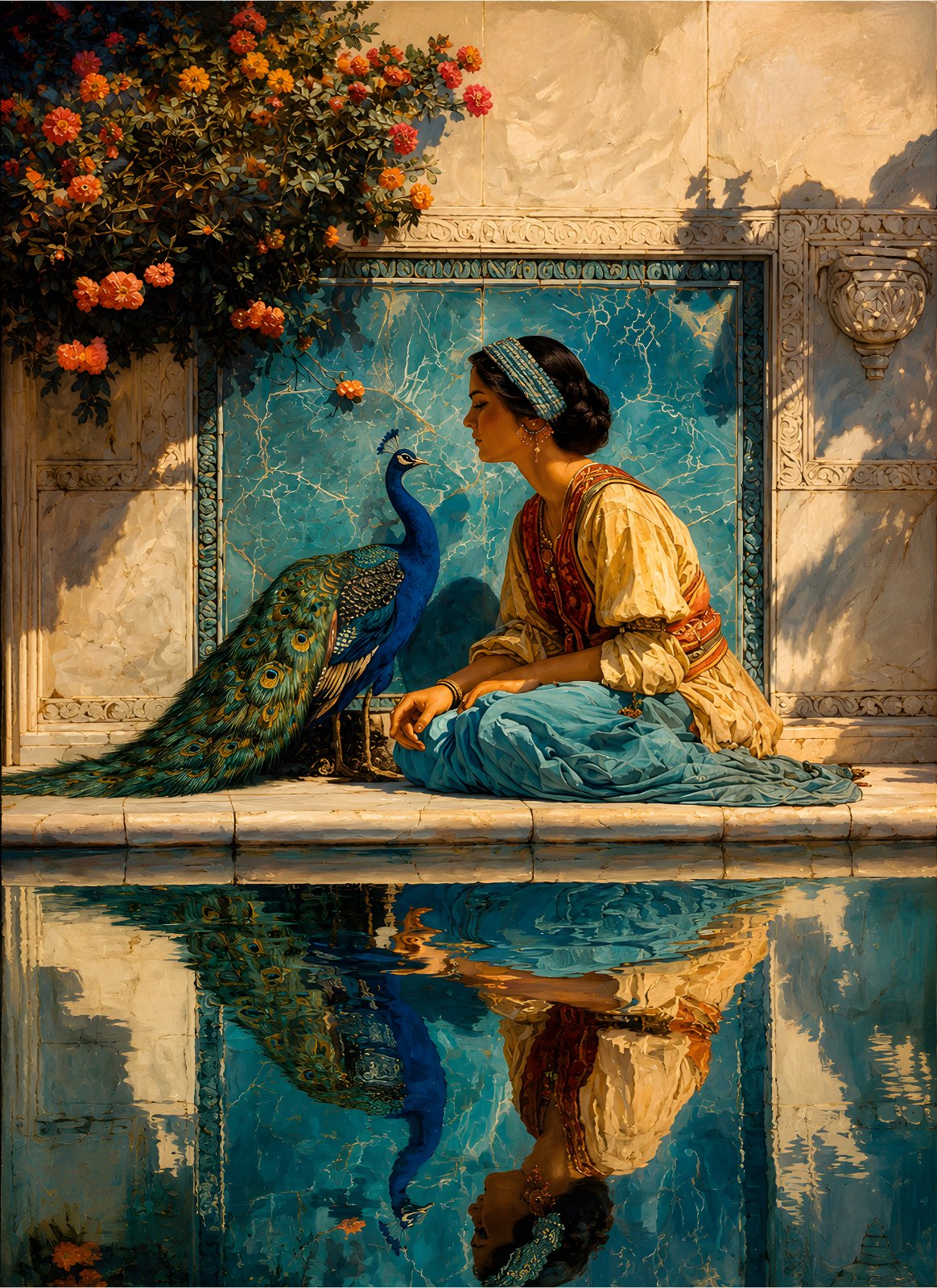 Serene Indian Princess and Peacock Poster – Traditional Reflection Pool Painting Print, Regal Blue and Gold Home Decor — Poster