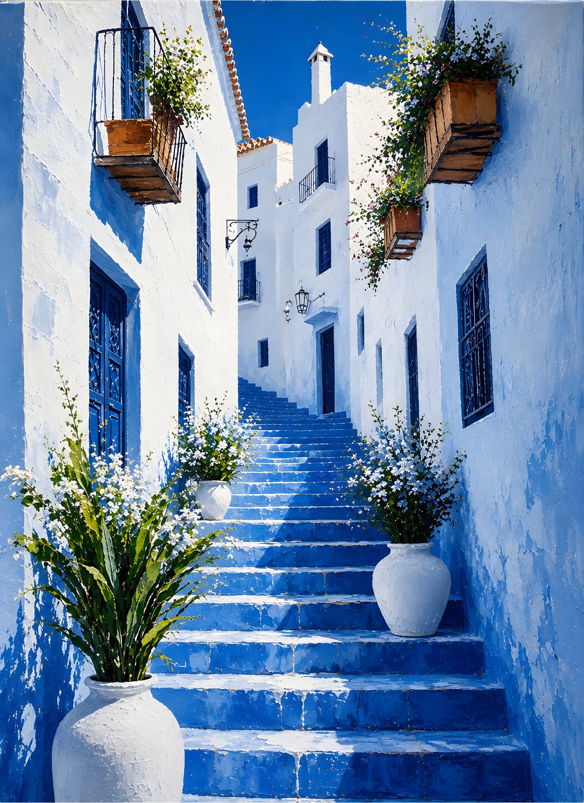 Mediterranean Blue Alley Poster - Greek Island Street Painting Print - White Architecture Coastal Decor — Poster