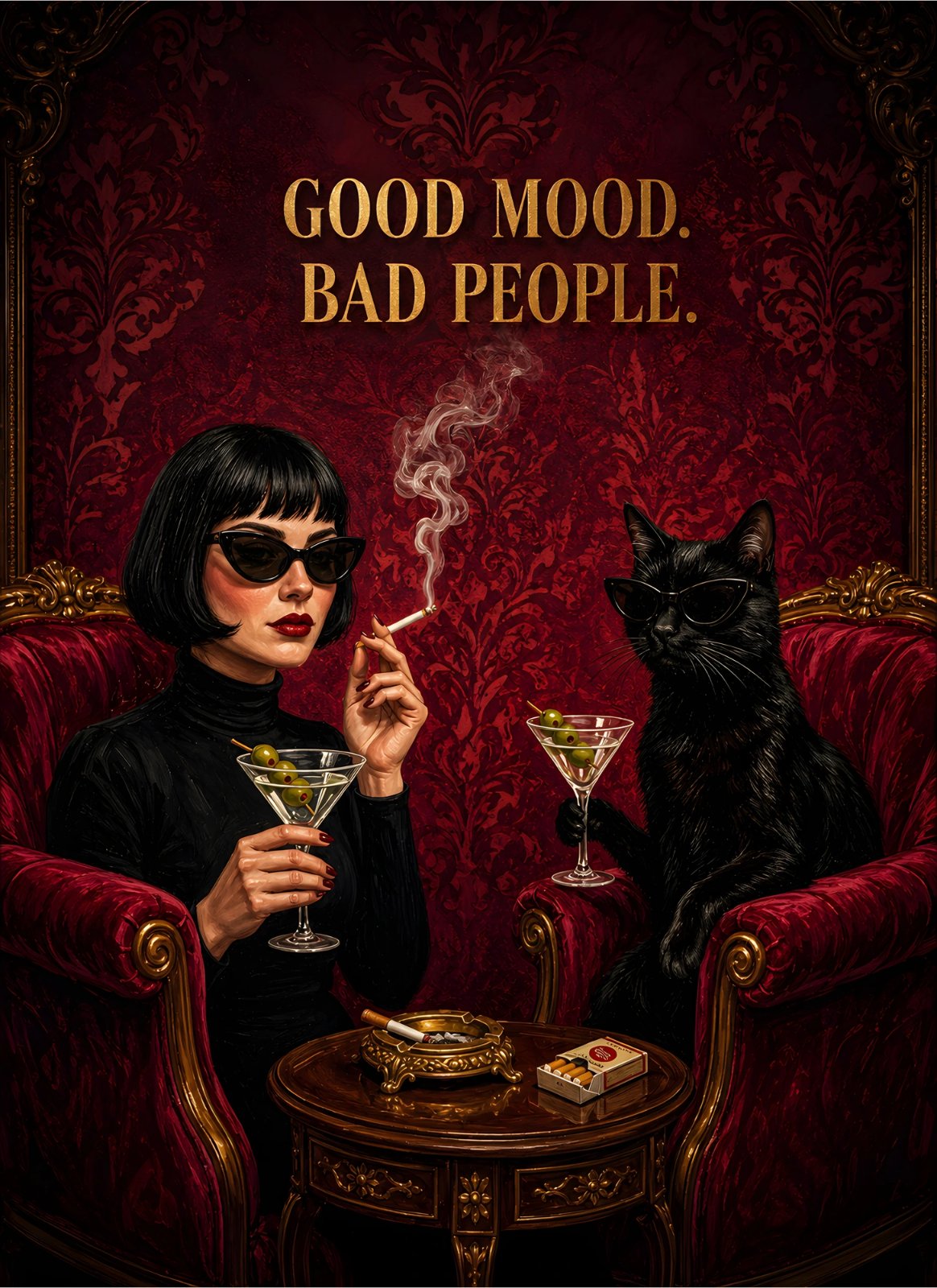Good Mood Bad People – Gothic Luxe Woman & Black Cat Red Velvet Poster — Poster