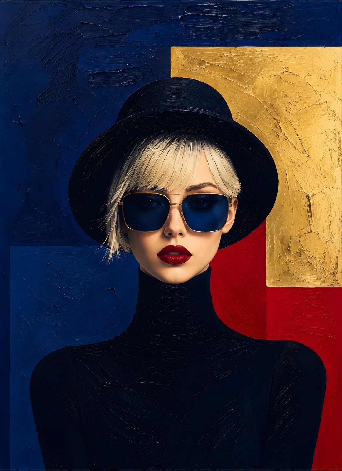 Modern Chic Woman Poster – Avant-Garde Portrait with Gold Leaf & Textured Abstract Background, Bold Fashion Painting for Living Room Decor — Poster
