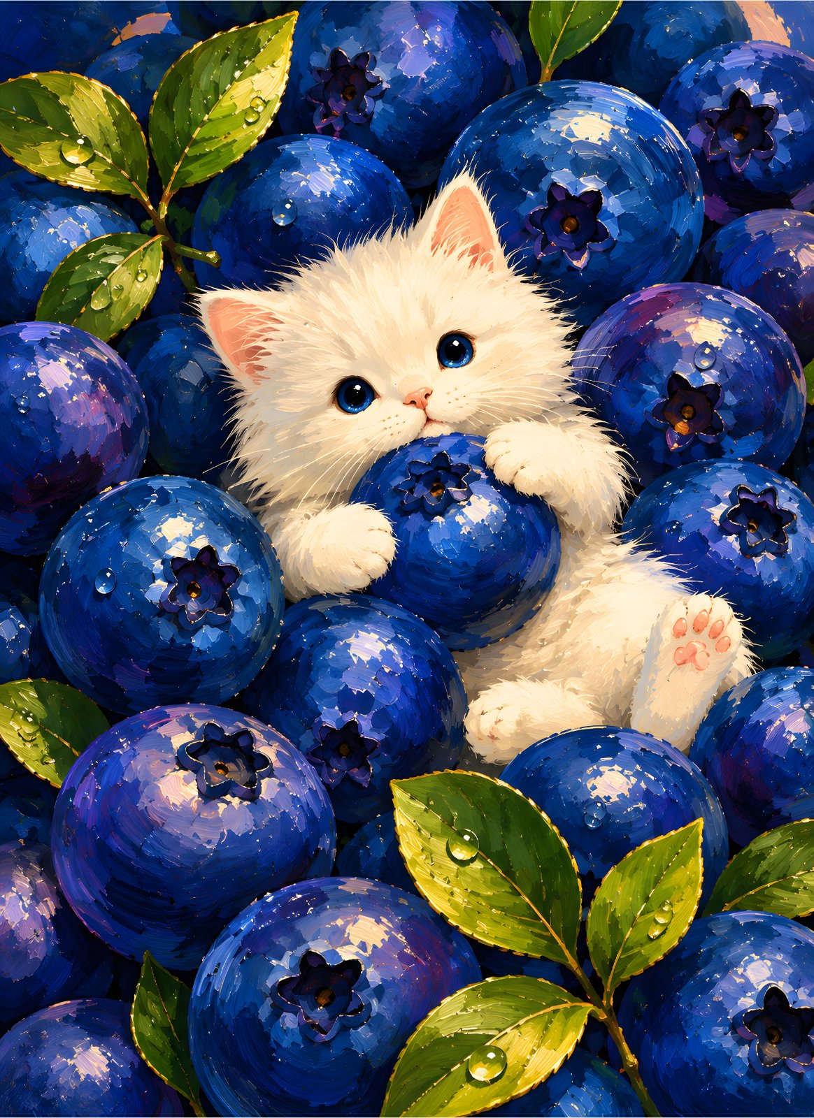 Cute White Kitten in Blueberries Poster – Adorable Cat Nursery & Kitchen Decor Print — Poster