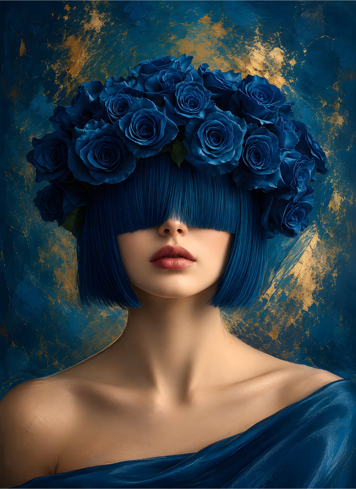 Elegant Surreal Blue Rose Woman Poster - Modern Female Portrait with Flowers — Poster