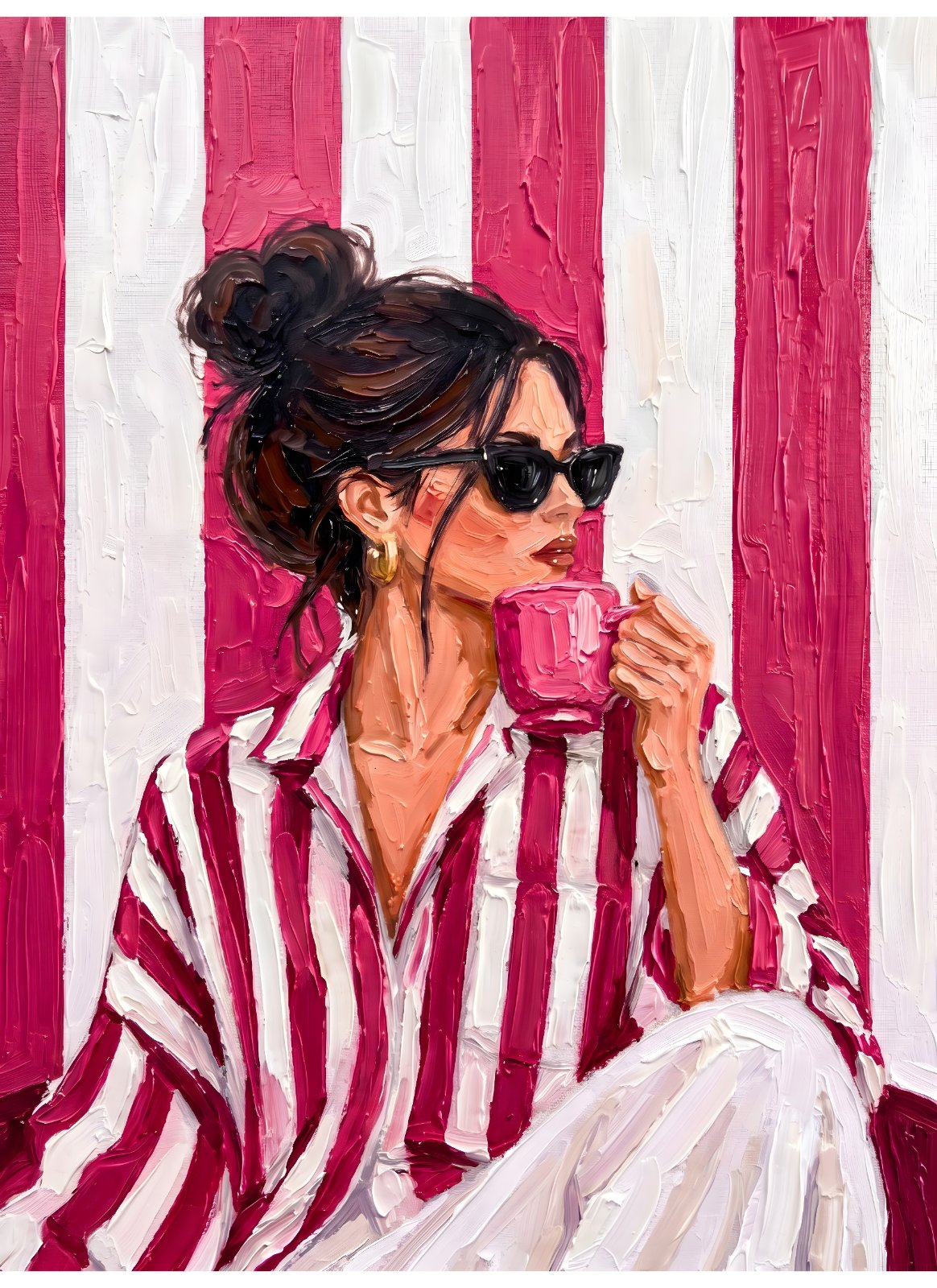 Chic Woman in Striped Pajamas Poster | Modern Pink and White Stripes Poster | Fashion Illustration Art | Textured Oil Painting Poster — Poster