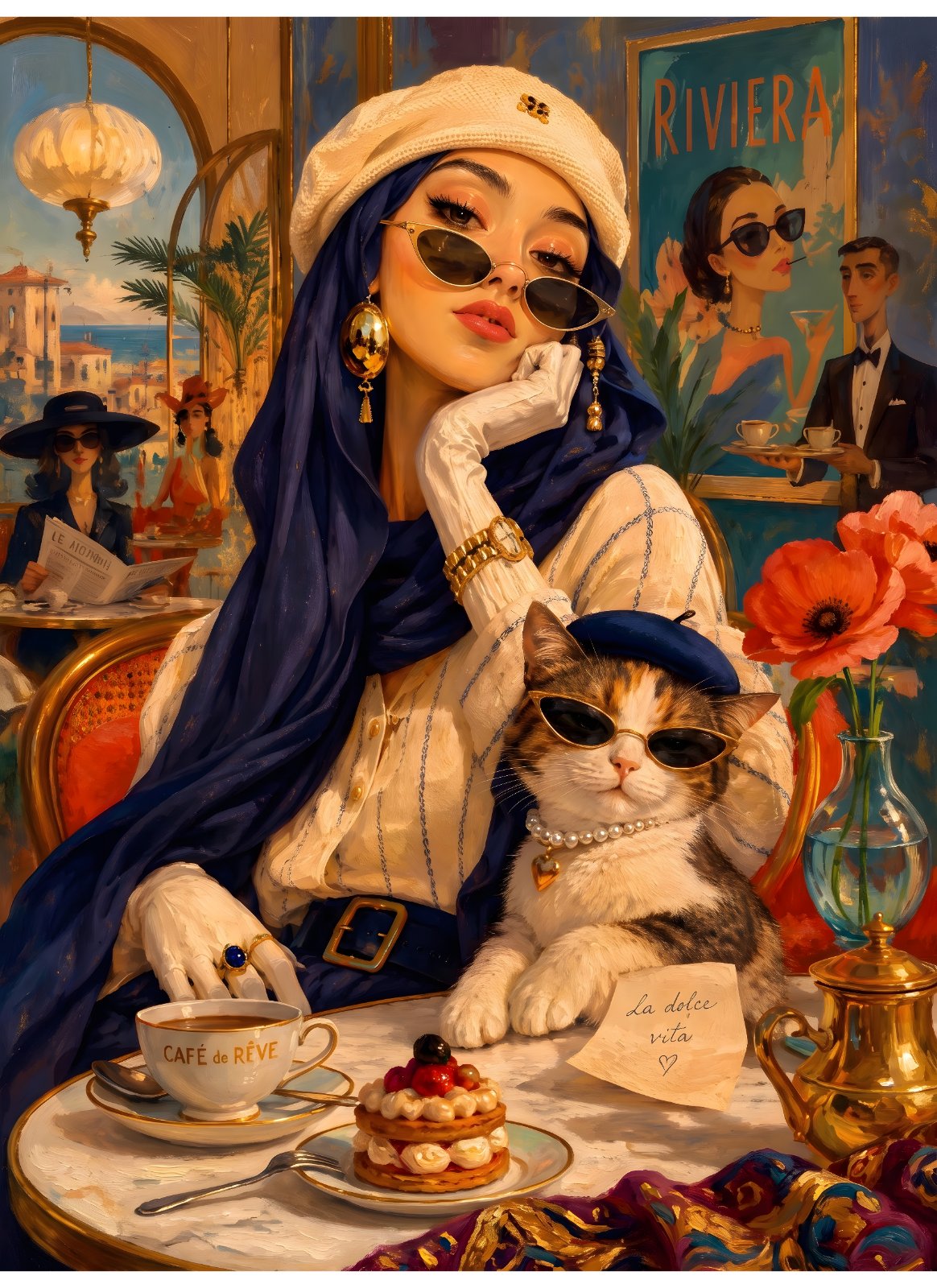 Retro French Riviera Poster – Vintage Cafe de Rêve Poster with Stylish Woman and Cat — Poster