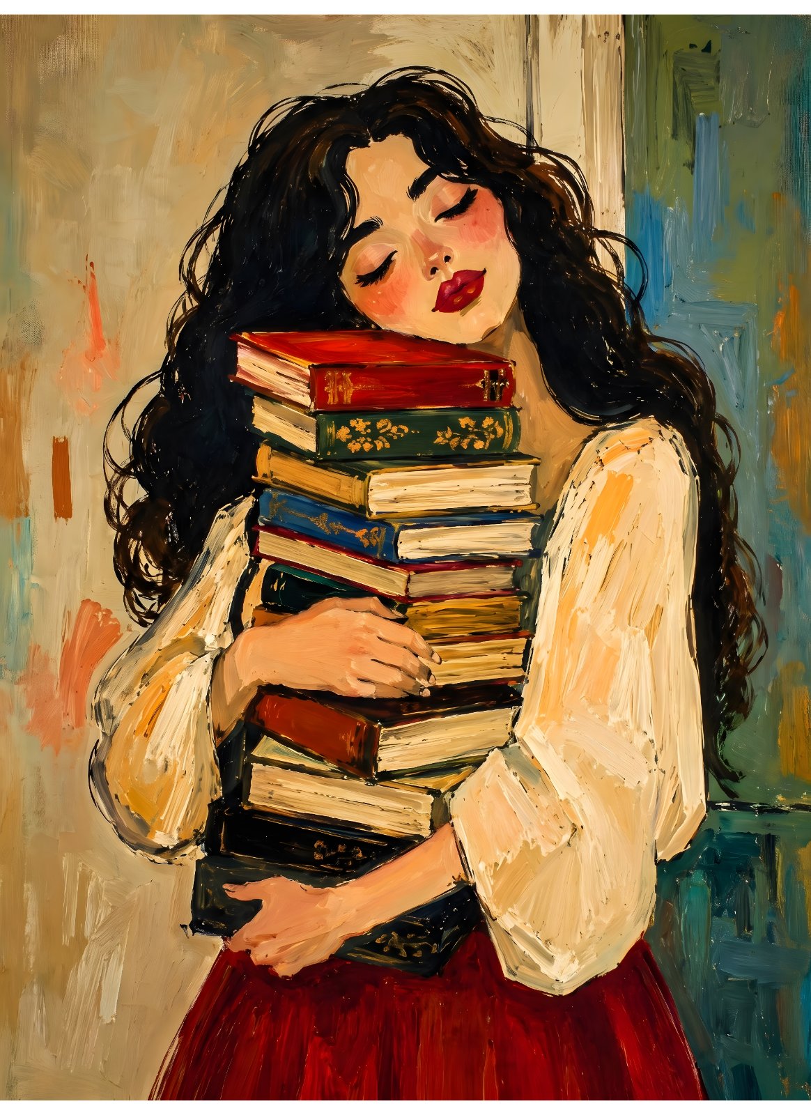Cozy Bookworm Poster | Romantic Oil Painting Style Print of Woman Hugging a Stack of Books — Poster