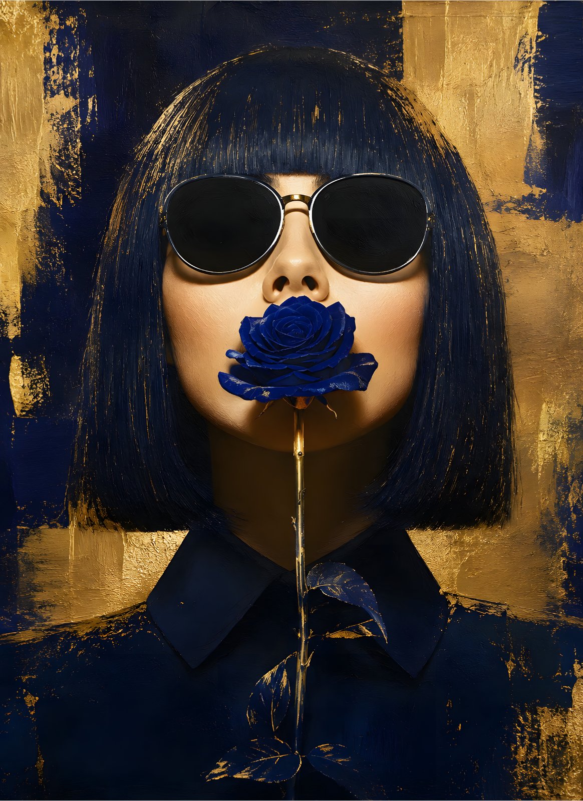 Modern Navy and Gold Portrait Poster – Contemporary Fashion Poster, Mysterious Woman with Blue Rose — Poster