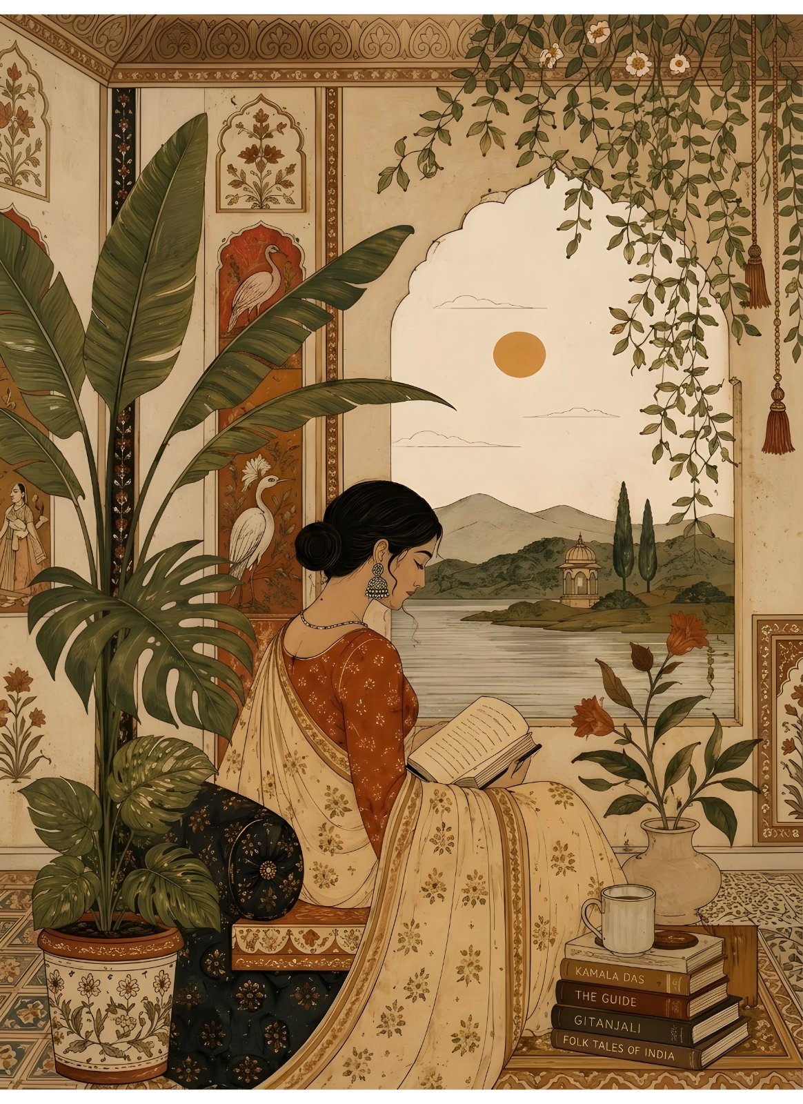 Indian Woman Reading Poster - Traditional South Asian Miniature Style Painting Art Print, Elegant Desi Home Decor — Poster