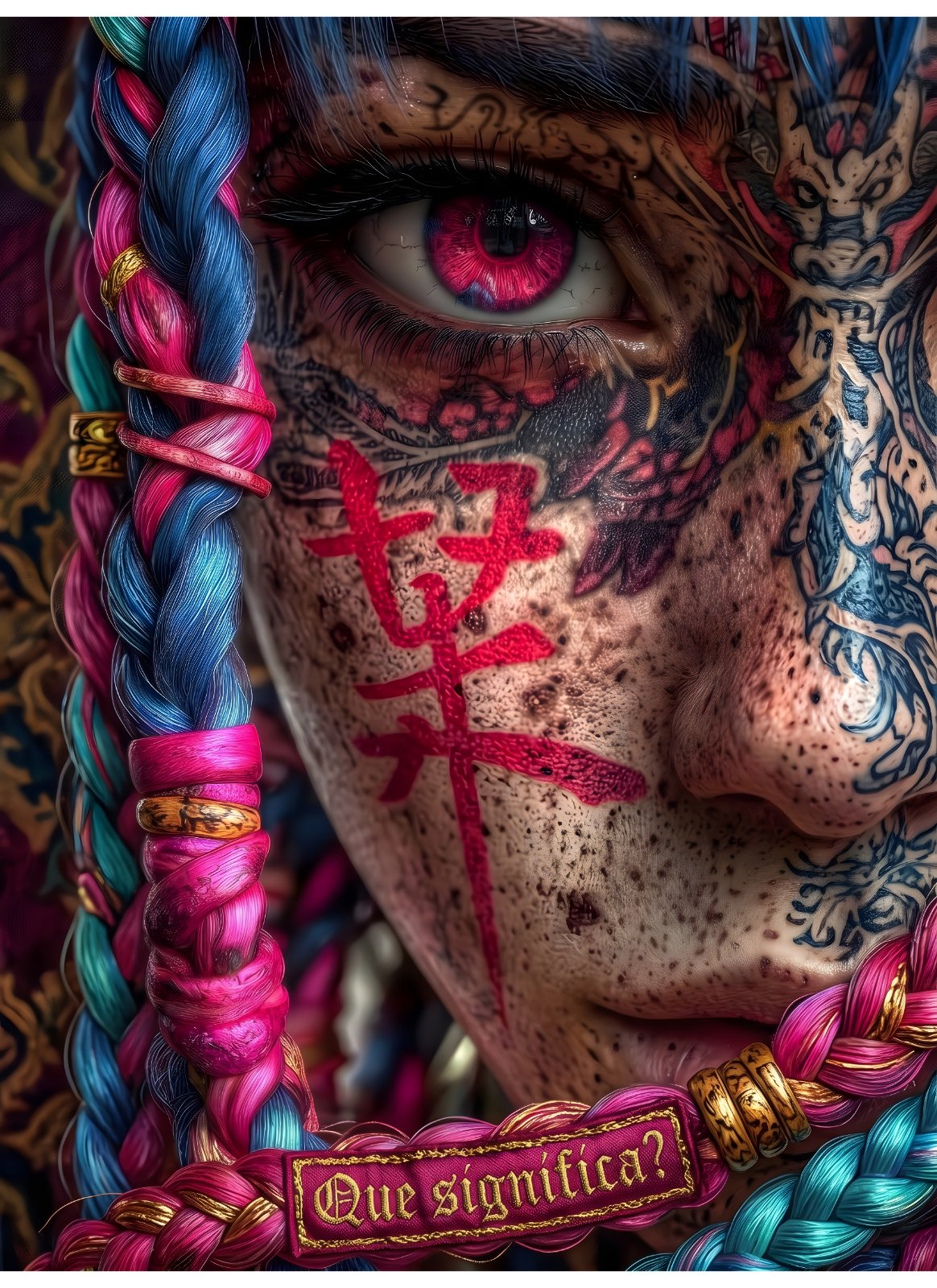 Cyberpunk Geisha Poster - Neo-Tokyo Tattoos & Colorful Braids Portrait — Poster