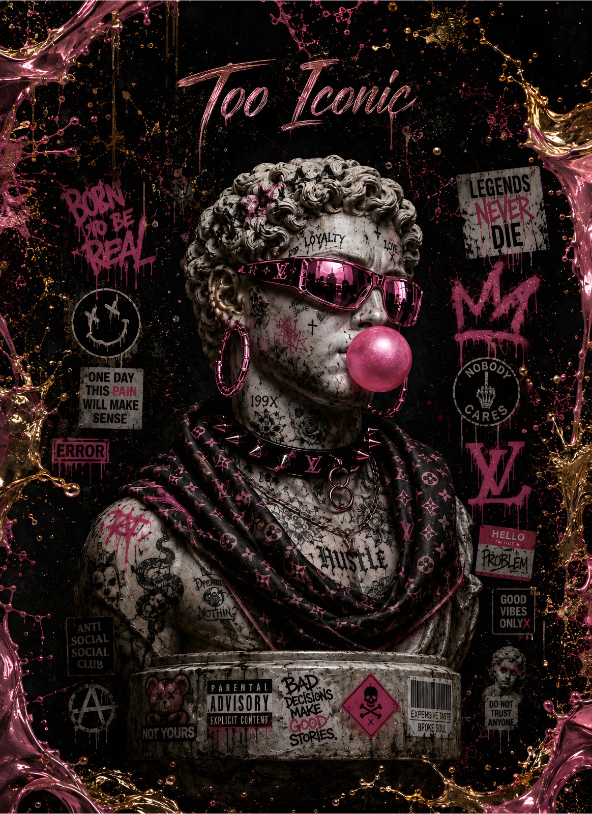 Too Iconic Modern Graffiti Classical Bust Poster – Urban Hypebeast Renaissance Statue Print for Contemporary Home Decor — Poster