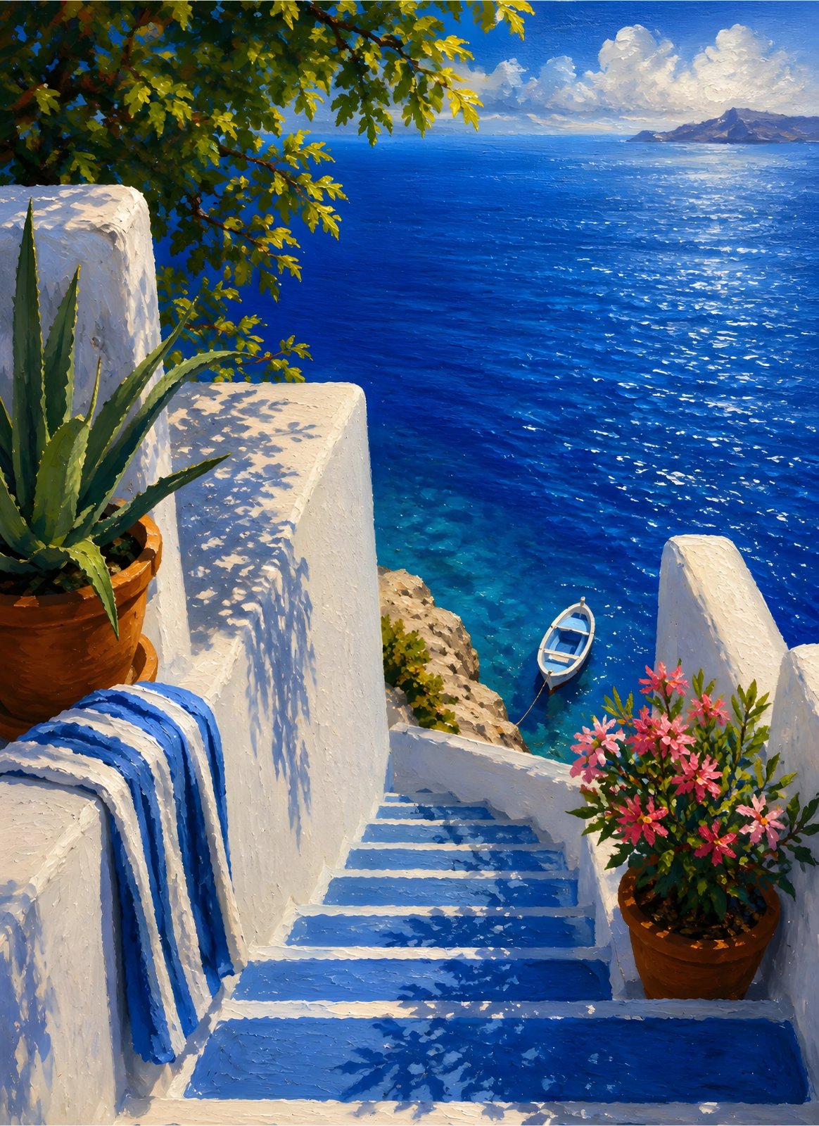 Mediterranean Blue Sea Stairway Poster – Coastal Ocean & Whitewashed Village Painting — Poster