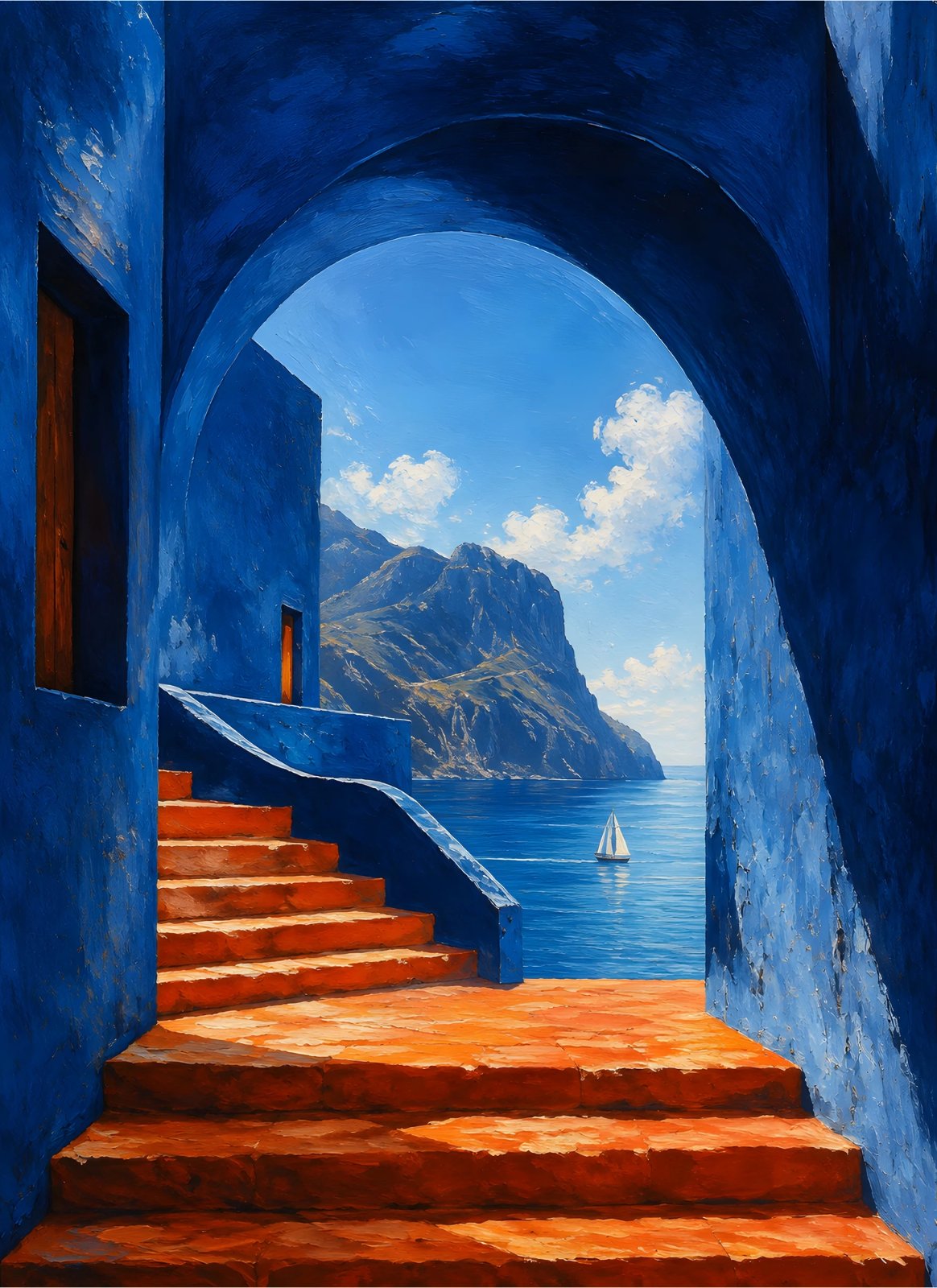 Mediterranean Coastal Archway Poster – Blue Village Stairs & Mountain Sea View — Poster