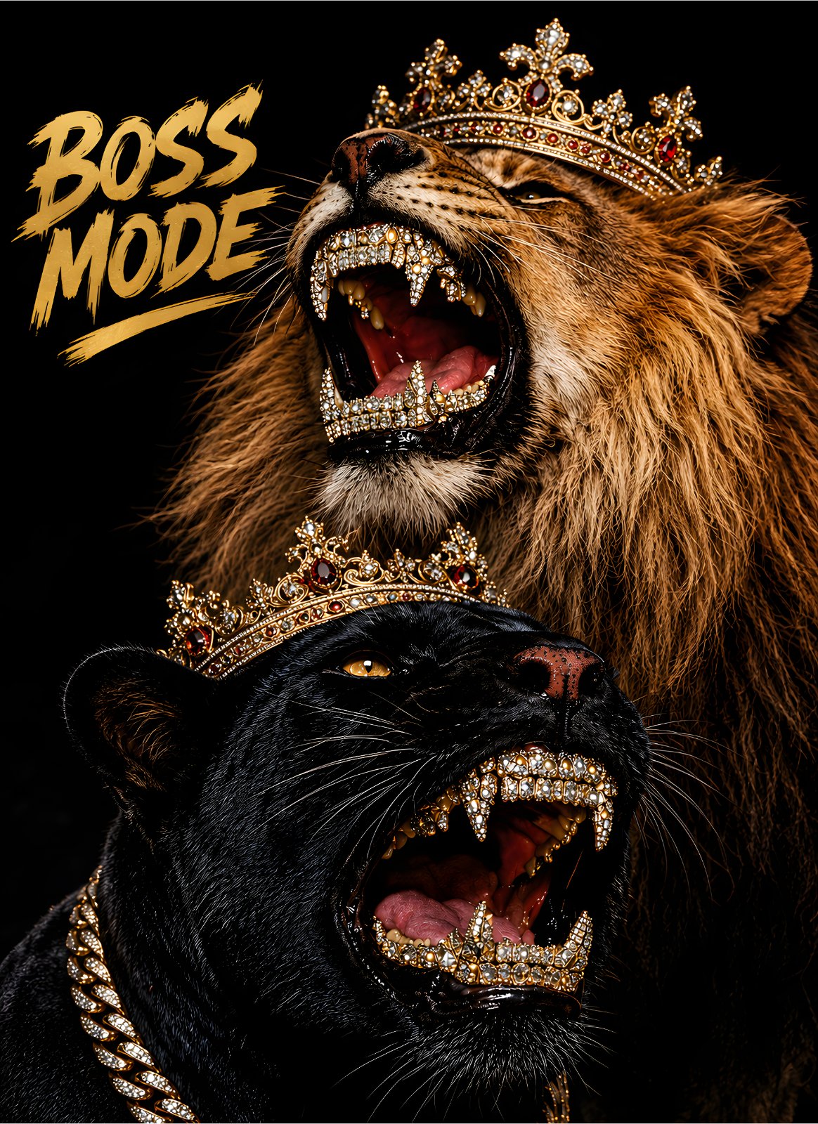 Boss Mode Lion and Black Panther Poster - Royal Wild Cats Luxury Home Decor — Poster