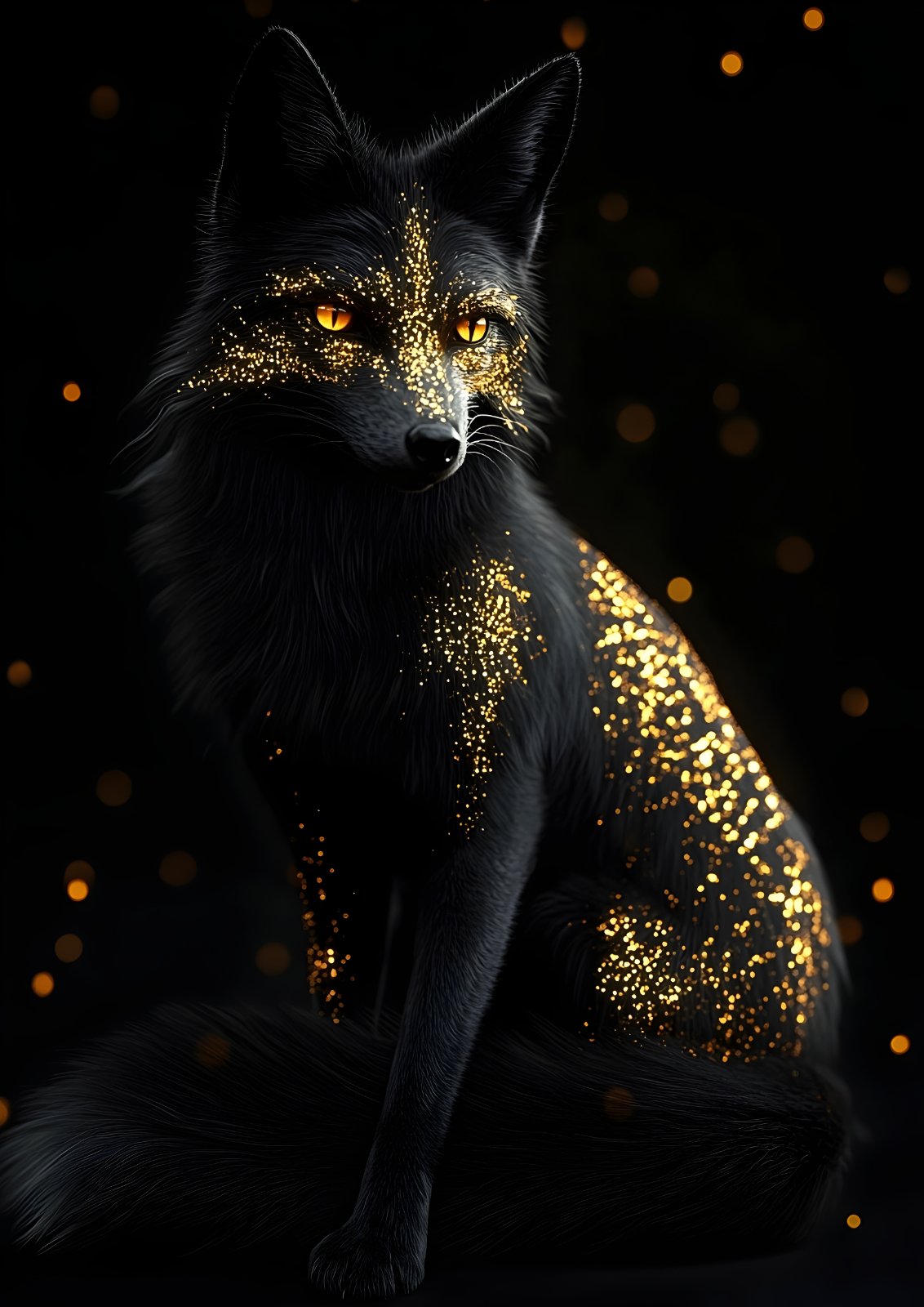 Mystical Black Fox Poster – Celestial Gold Glitter & Amber Eyes Fine Art Print for Modern Home & Luxury Decor — Poster poster — fox canvas print