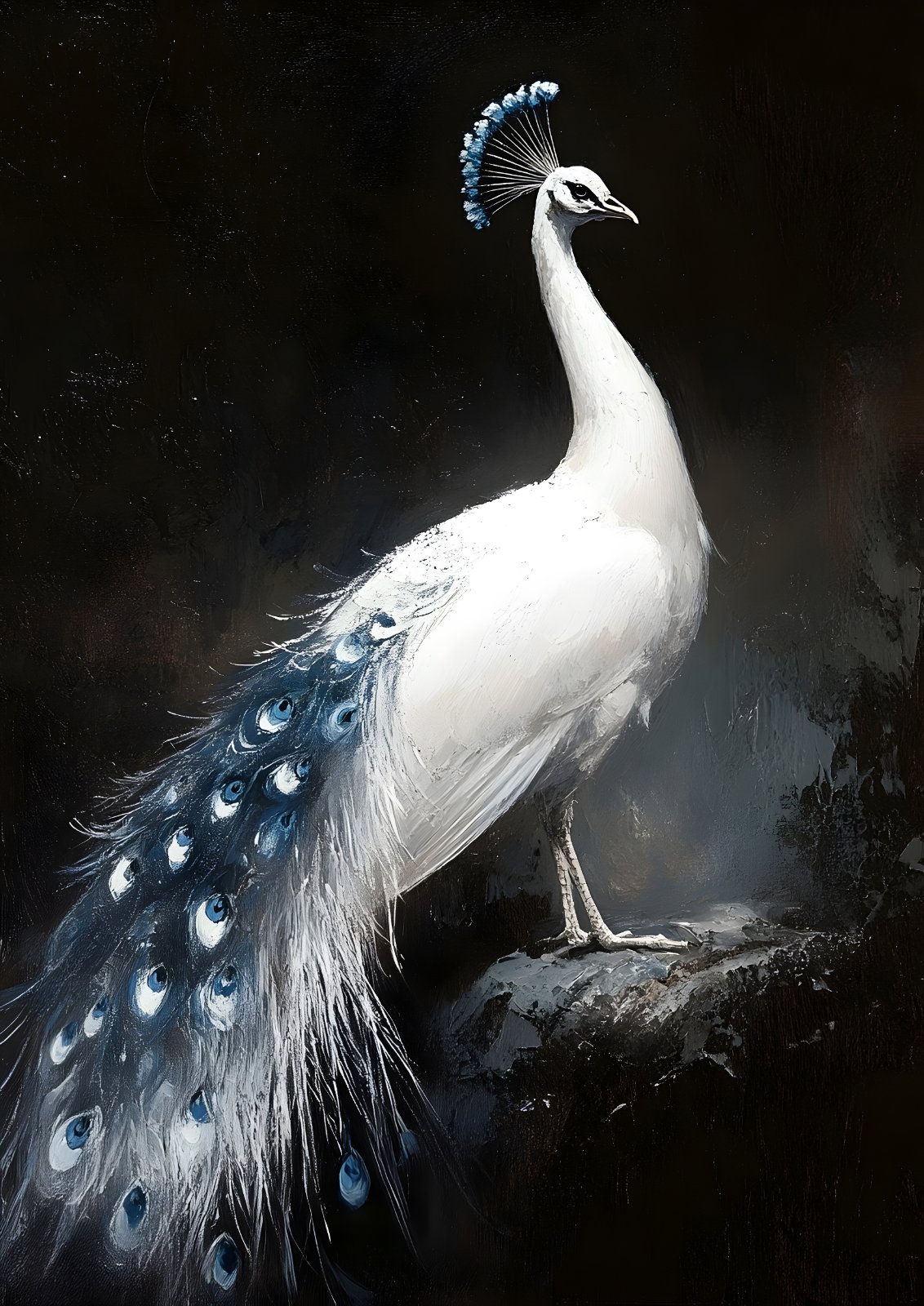 Majestic White Peacock Poster - Moody Fine Art Bird Painting Print for Living Room & Luxury Decor — Poster