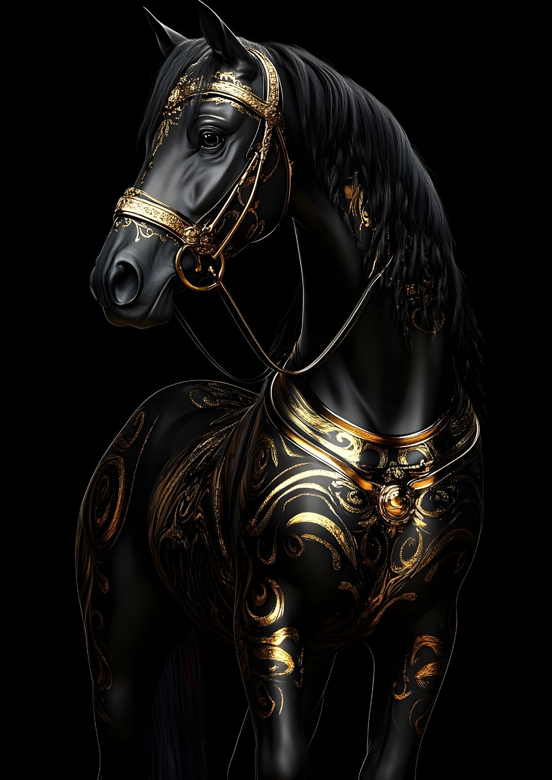 Majestic Black and Gold Horse Poster – Luxury Ornate Stallion Poster & Dark Modern Equestrian Decor — Poster poster — equestrian decor