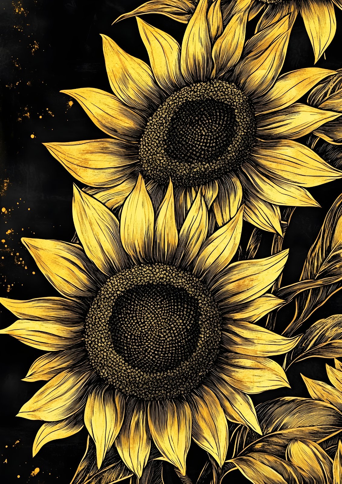 Golden Sunflower Poster – Elegant Modern Botanical Line Art Print on Dark Background — Poster