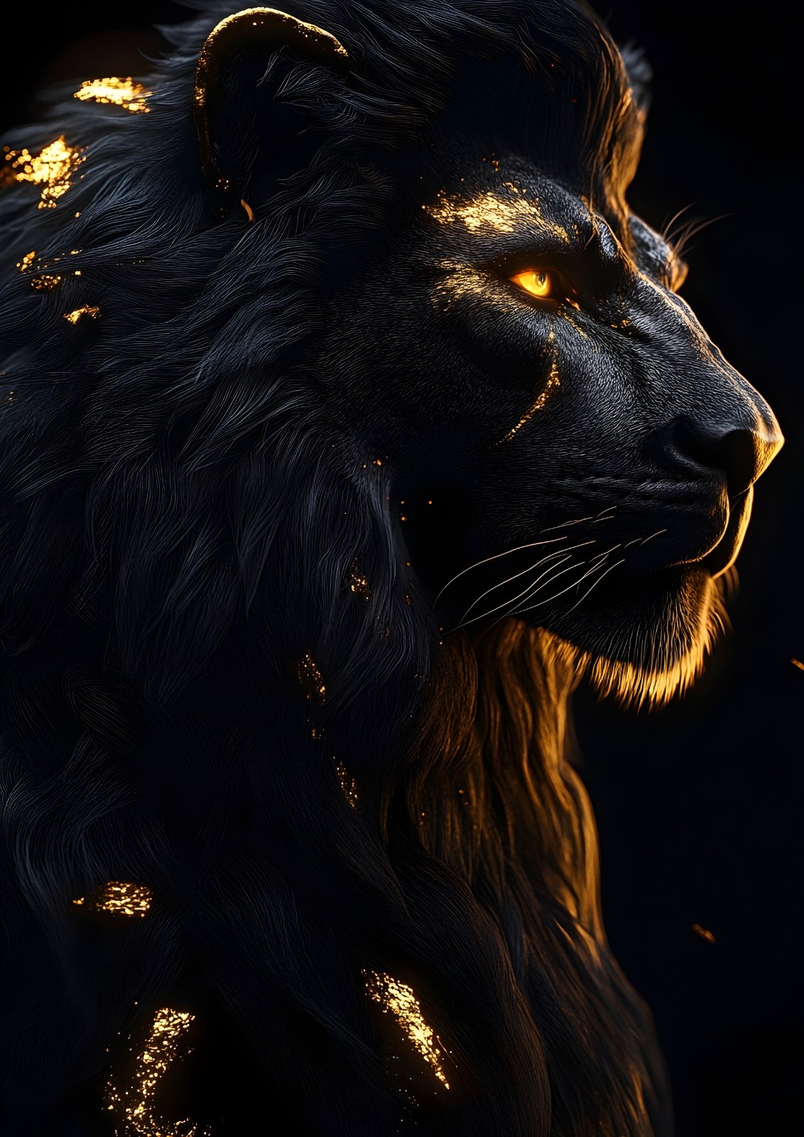Majestic Black & Gold Lion Poster | Glowing Golden Eye Wildlife Painting for Home & Office Decor — Poster poster — lion wall decor