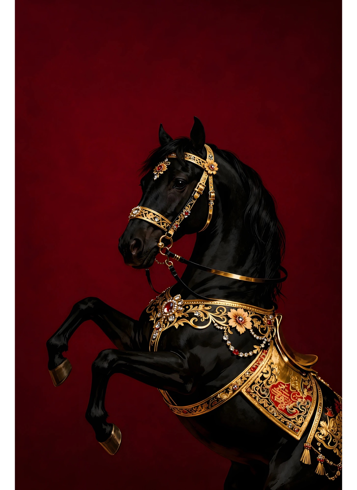 Rearing black horse wearing ornate gold and red decorative equestrian tack against a deep burgundy-red background.
