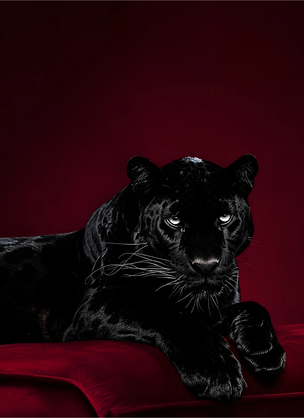 Black panther reclining on a deep crimson-red cushion against a dark burgundy background, with pale eyes and glossy black fur.