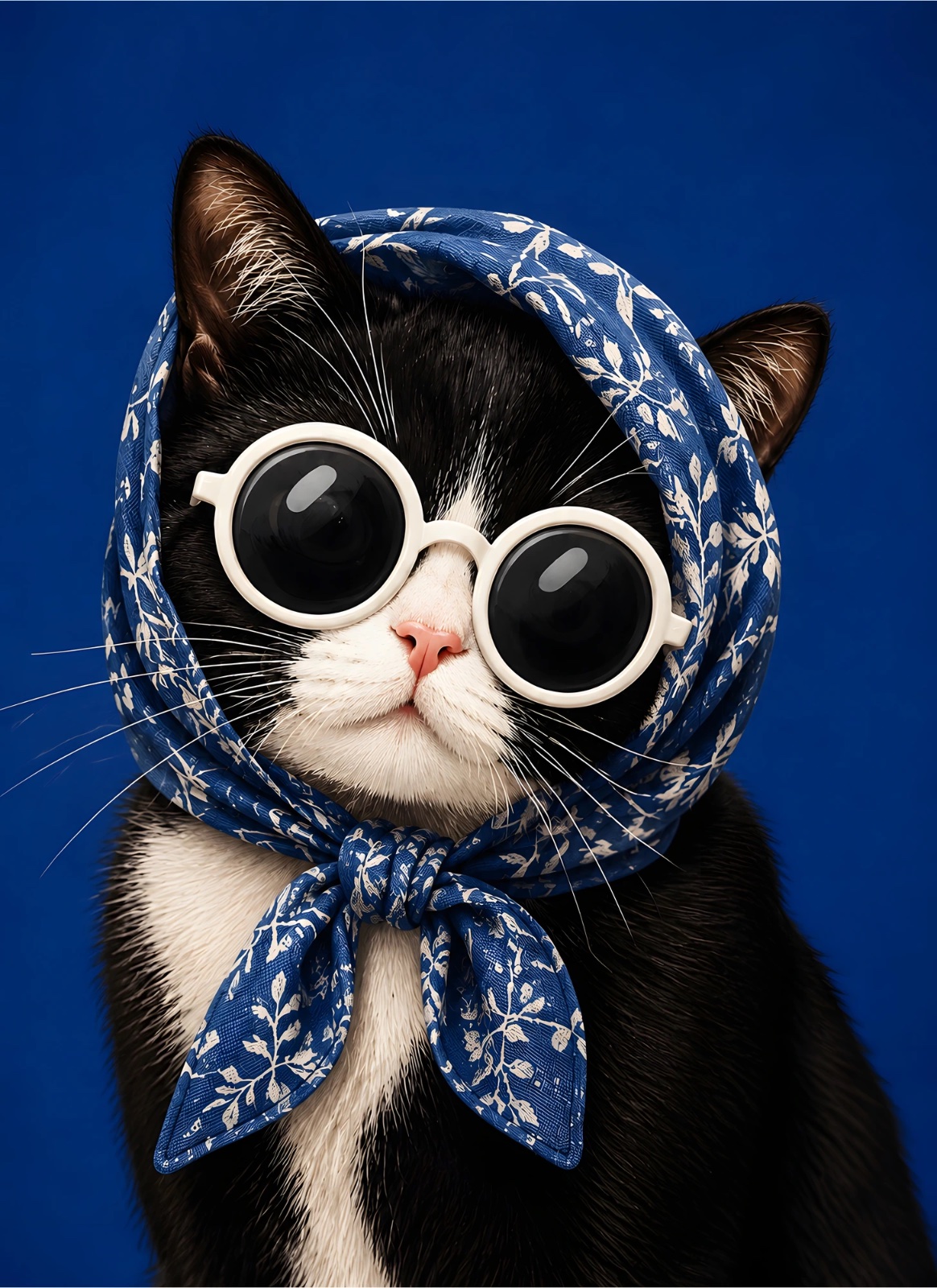 Black-and-white cat wearing round black sunglasses and a blue floral headscarf against a deep blue background.