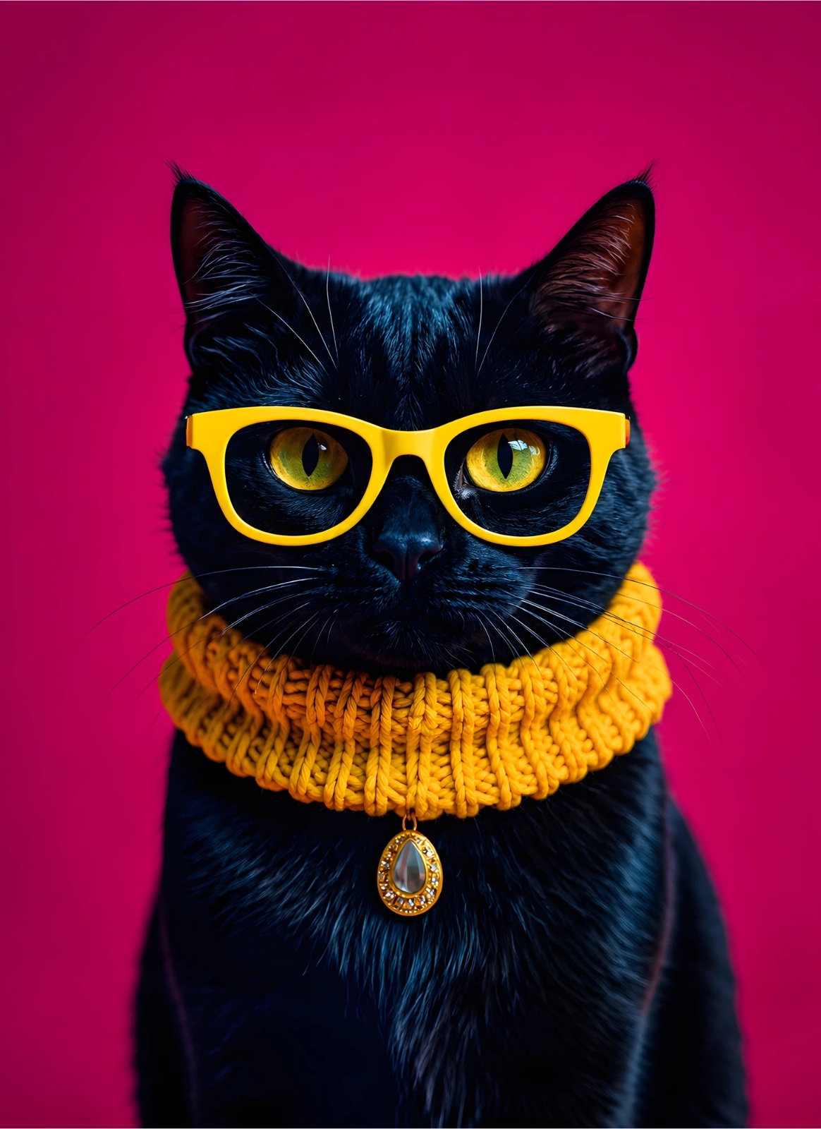 Black cat with bright yellow glasses and golden knitted collar, wearing a pendant against a vivid hot pink background.