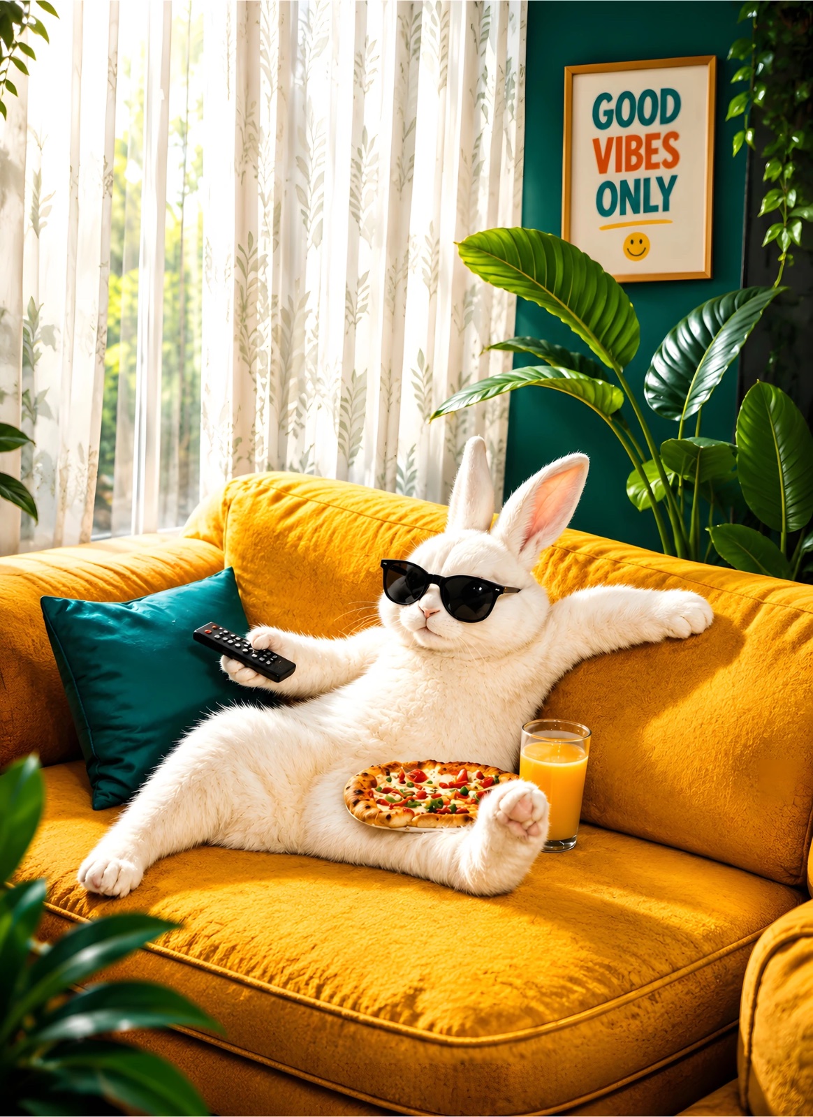 White bunny in black sunglasses lounging on a mustard-yellow sofa with a remote, pizza and orange juice, surrounded by green plants and a “GOOD VIBES ONLY” wall sign.
