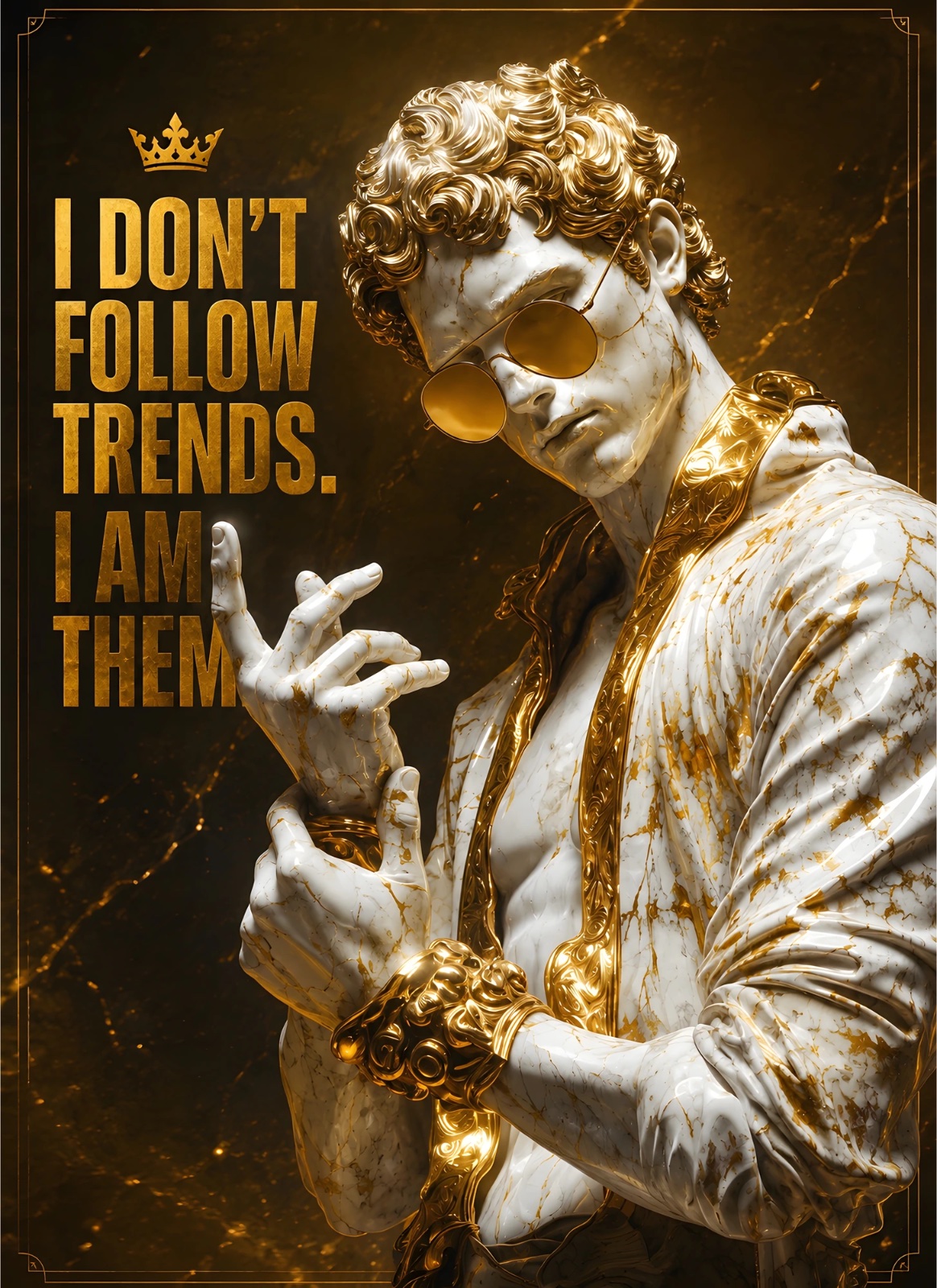 White marble-style male statue with gold veining, golden curly hair, sunglasses and ornate gold details beside the quote “I DON’T FOLLOW TRENDS. I AM THEM.” on a dark black-and-gold background.