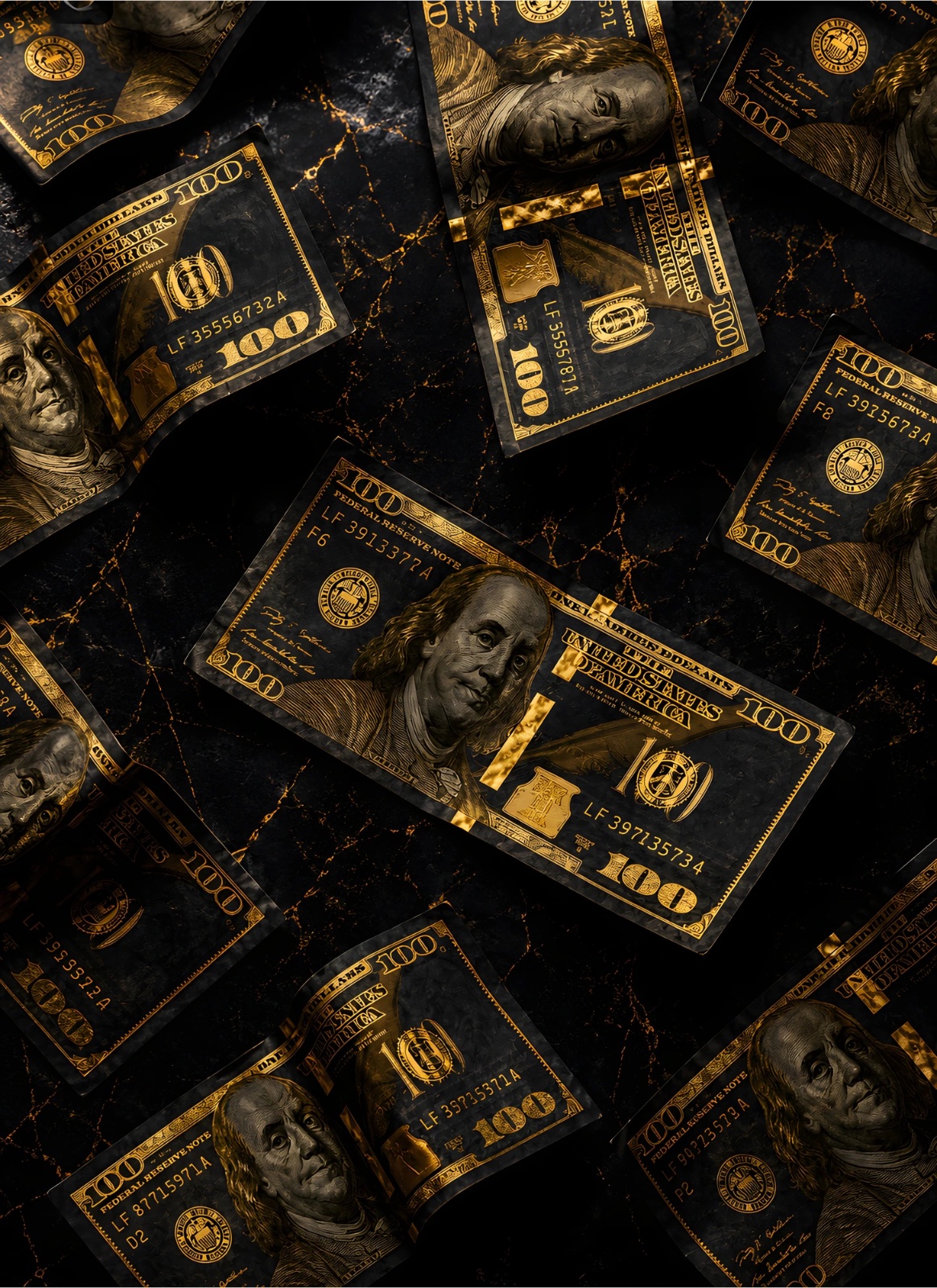 Overlapping black and gold $100 bills featuring Benjamin Franklin portraits arranged across a dark marble background with gold veining.