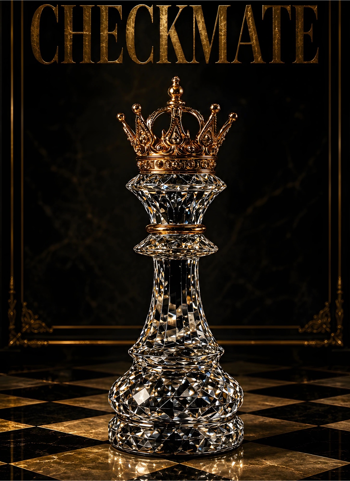Ornate crowned chess queen with crystal-like detailing on a black and gold checkerboard beneath large gold “CHECKMATE” lettering.