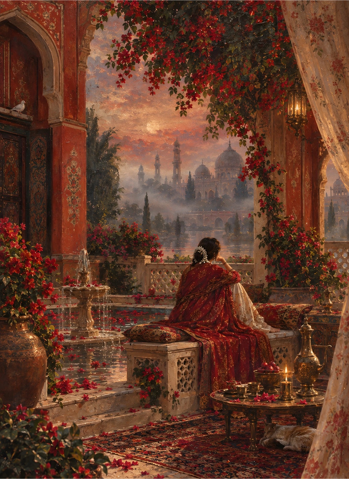 Woman in deep red seated on an ornate terrace with red flowering vines, a fountain, patterned rugs, decorative vessels, and distant domed architecture beneath a warm sunset sky.