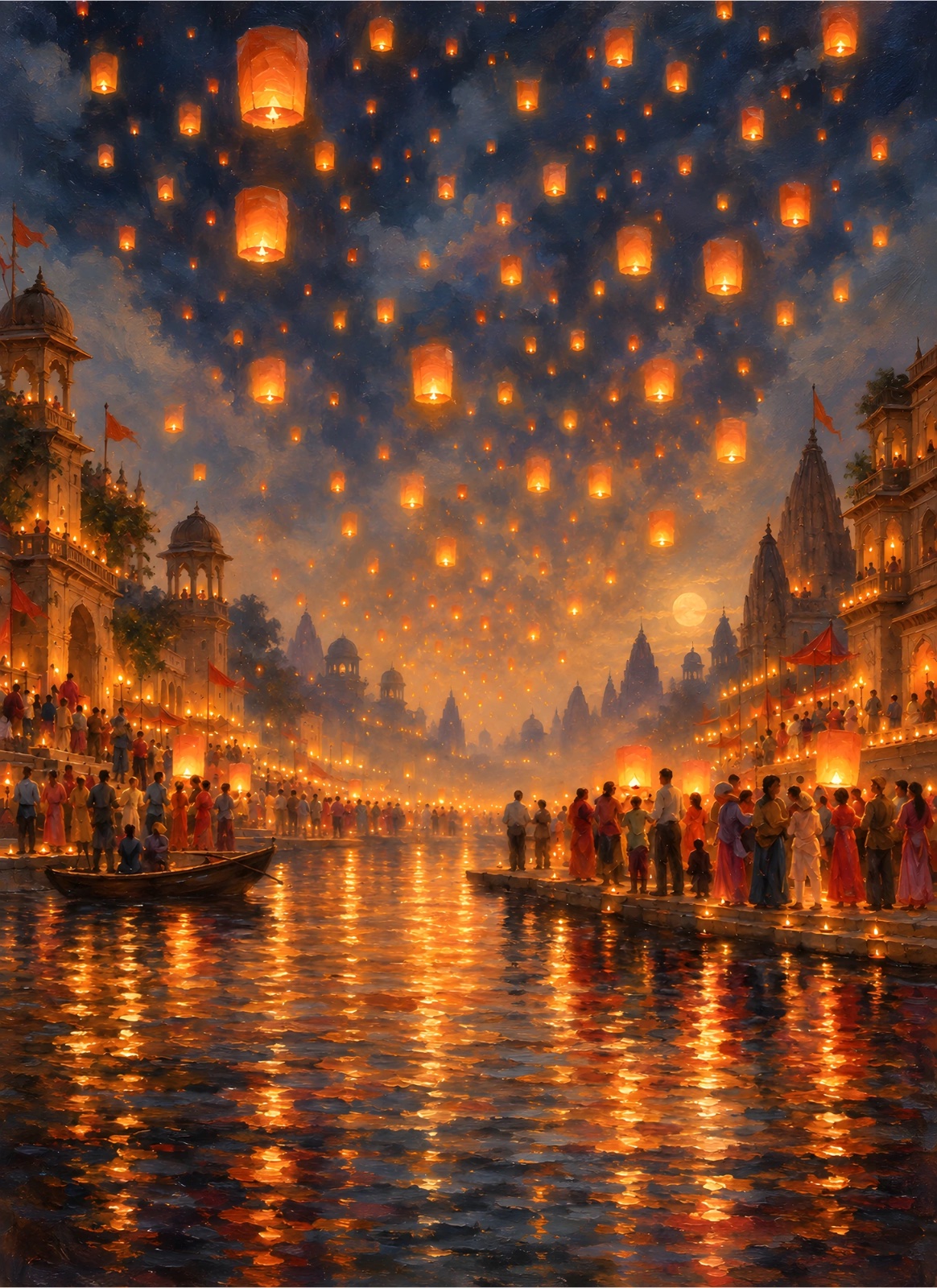Glowing orange lanterns rising over a crowded riverside with illuminated ornate buildings, boats, and golden reflections across dark blue water.