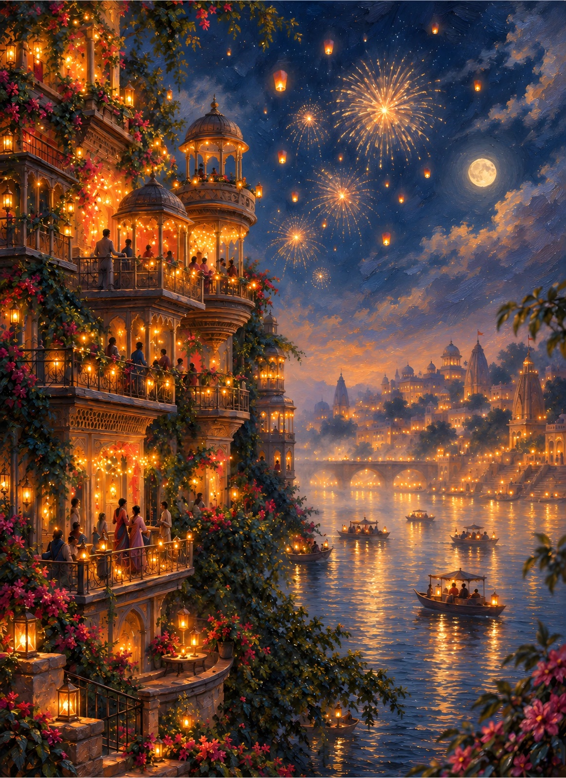 Festive Indian Riverside Night Poster Art – Illuminated Architecture, Fireworks & Lanterns in Warm Blue and Gold Painted Style — Poster