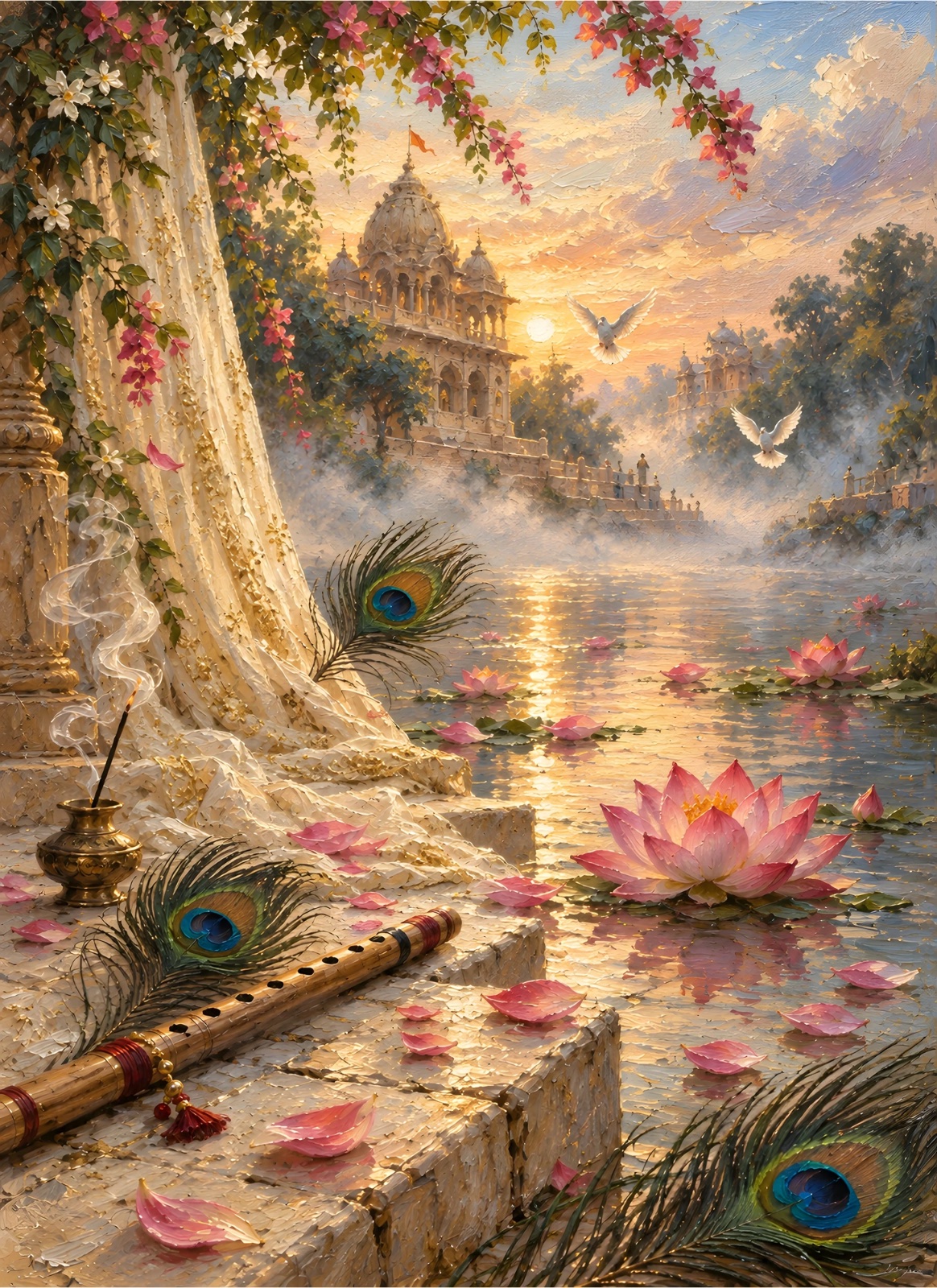 Ornate temple beside a lotus pond at golden sunset with a wooden flute, peacock feathers, white doves, pink flowers, incense smoke, and flowering vines.