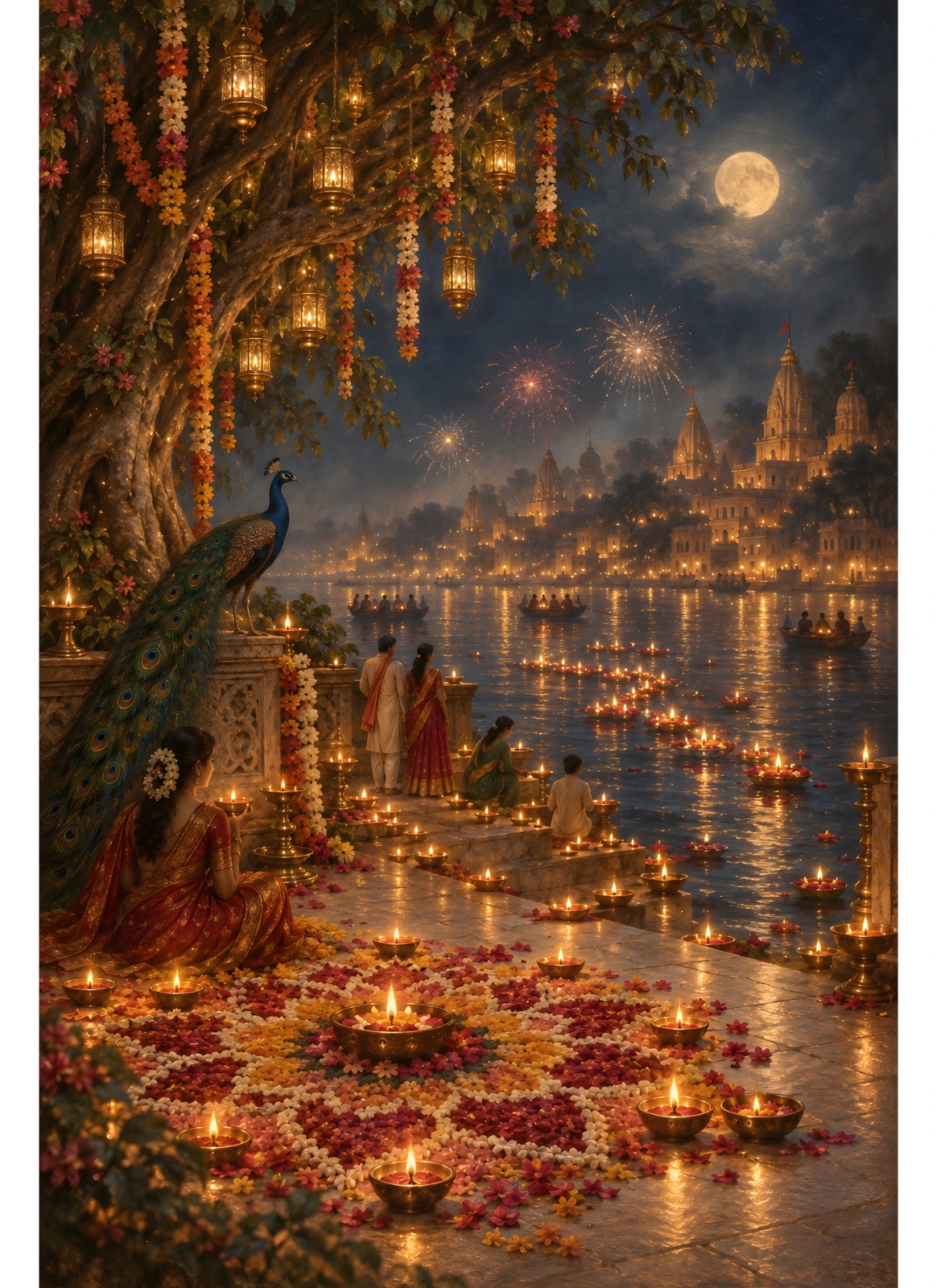 Moonlit river celebration with glowing diyas, floral decorations, peacock, traditionally dressed people, fireworks, hanging lanterns and illuminated temple architecture.