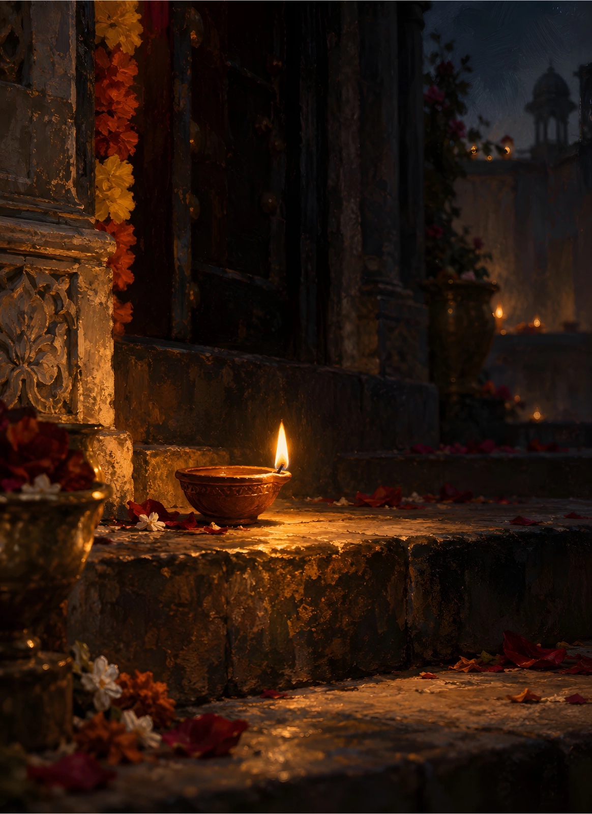 Glowing clay diya on weathered stone steps with marigold garlands, scattered flower petals, dark architecture, and warm amber lights in the background.