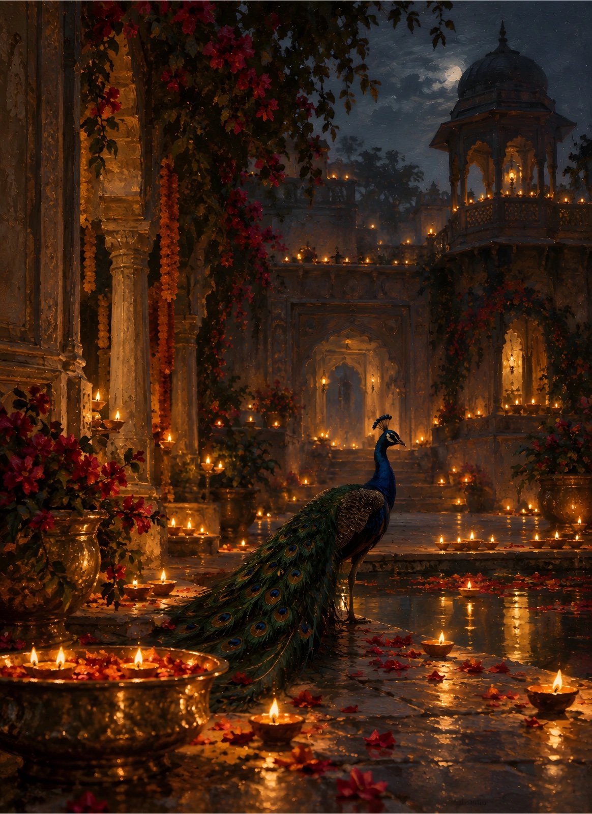 Peacock standing in a moonlit carved courtyard filled with glowing diyas, flowering vines, red petals, arches, and warm golden reflections.