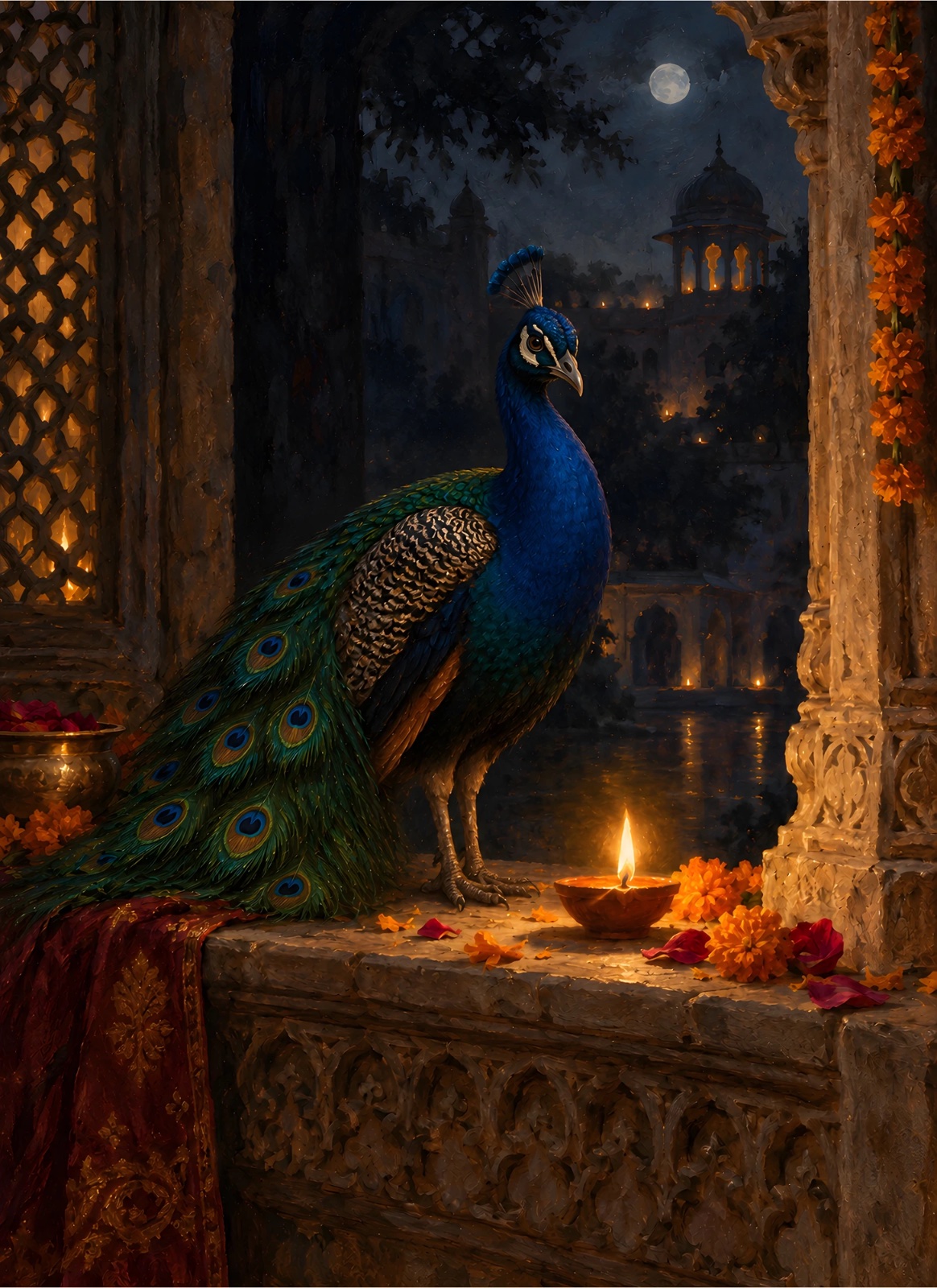 Royal blue and emerald peacock beside a glowing diya, surrounded by marigolds and ornate carved architecture under a full moon.