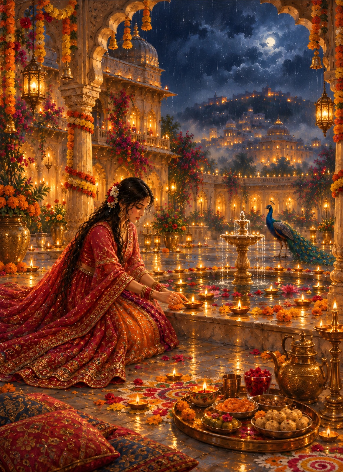 Woman in red and orange traditional attire lighting diyas in an ornate flower-decorated palace courtyard with a peacock, fountain, rangoli, sweets, glowing lamps, and moonlit blue sky.