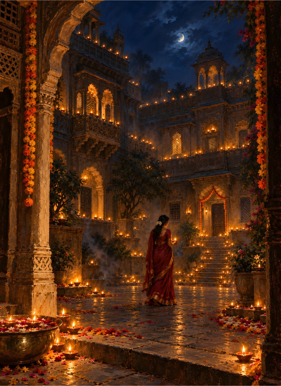 Woman in a red saree holding a diya in an ornate moonlit Indian courtyard filled with glowing lamps, marigold garlands, flower petals, and carved architecture.
