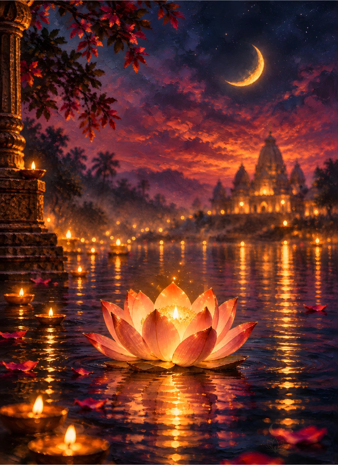 Illuminated Lotus, Floating Diyas, and Crescent Moon Temple River Poster — Poster