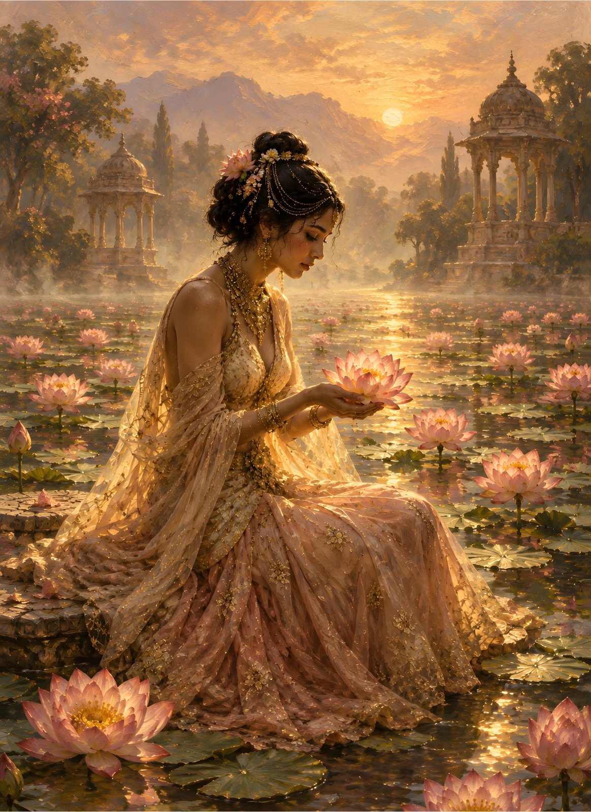 Woman in ornate blush-and-gold attire holding a pink lotus beside a lotus pond, with domed pavilions, mountains, trees, and a golden sunset.