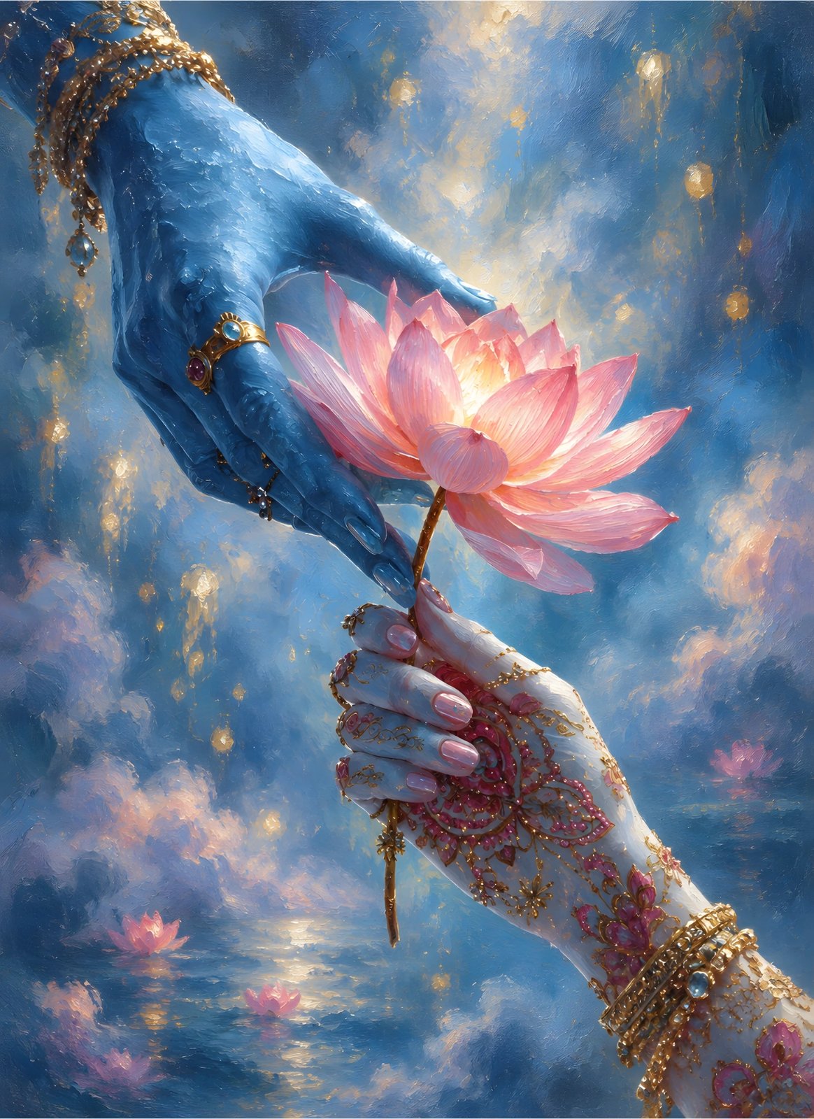 Blue Hands Holding Pink Lotus Poster – Ornate Gold Jewelry & Henna Print — Poster