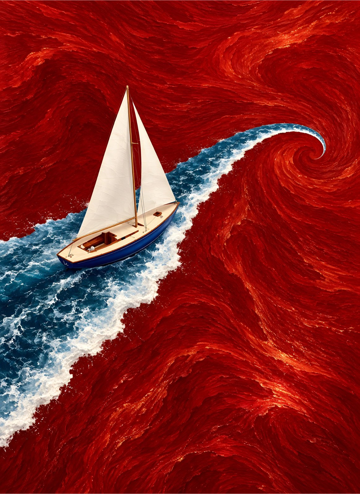 Sailboat Navigating Red Swirling Ocean Poster – Blue Water Wake Poster — Poster poster