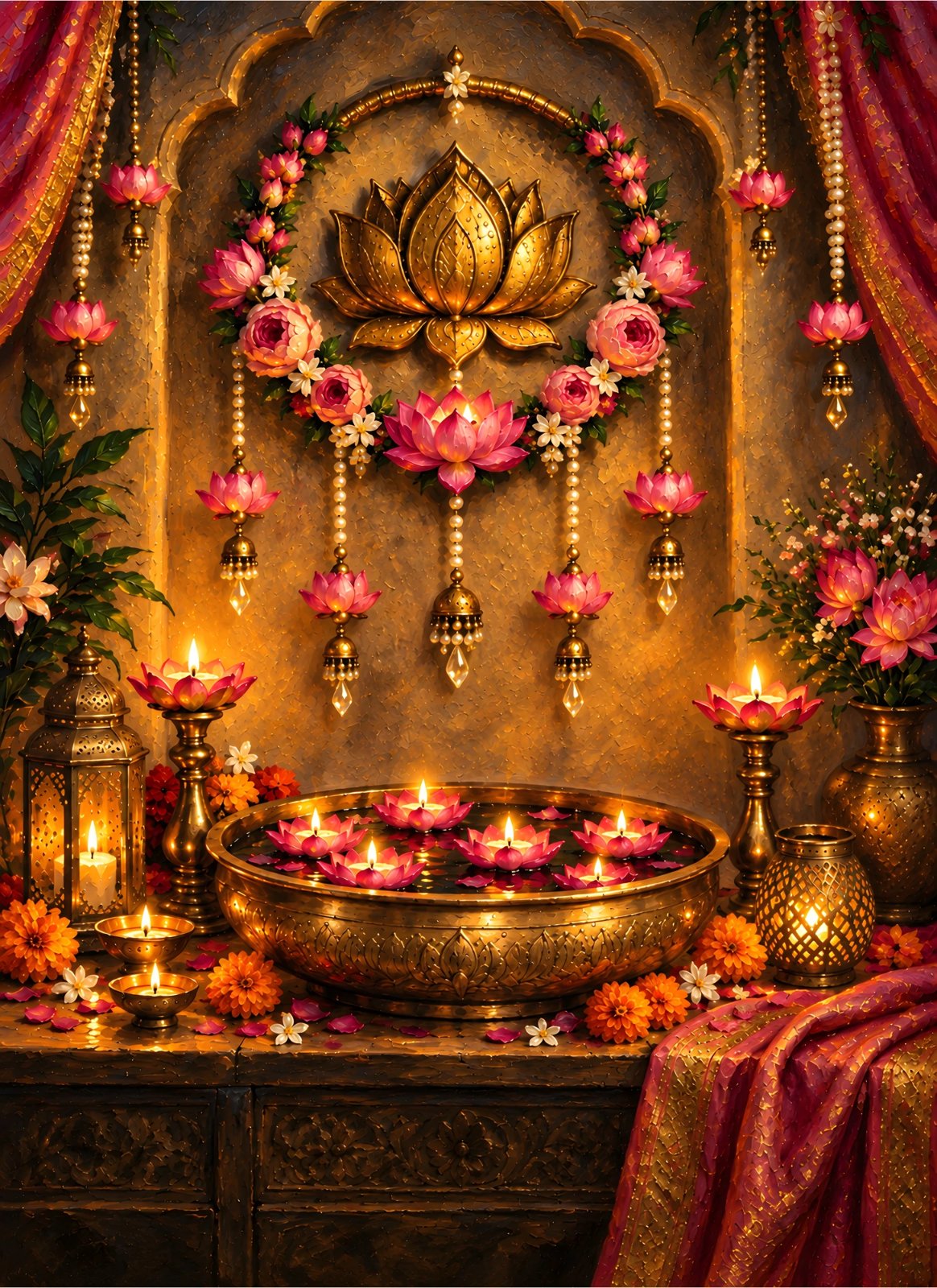 Traditional Golden Lotus Arch Poster with Floating Lotus Diyas, Brass Urli, and Floral Decor — Poster poster — Diwali wall decor