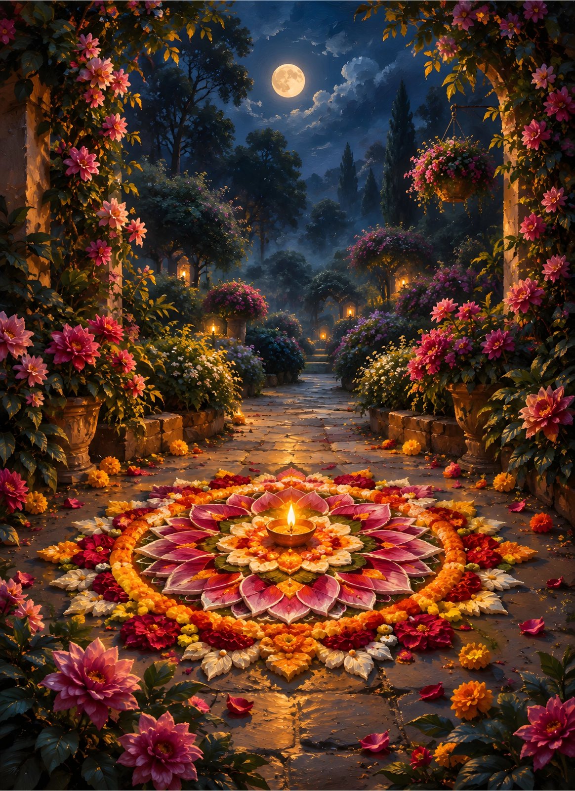 Full Moon Night Garden with Lit Oil Lamp and Floral Mandala Poster — Poster poster — diwali decor