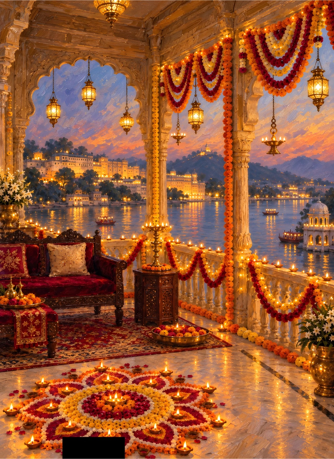 Ornate festive balcony decorated with marigold garlands, glowing diyas, hanging lanterns and floral rangoli overlooking illuminated buildings across water at sunset.